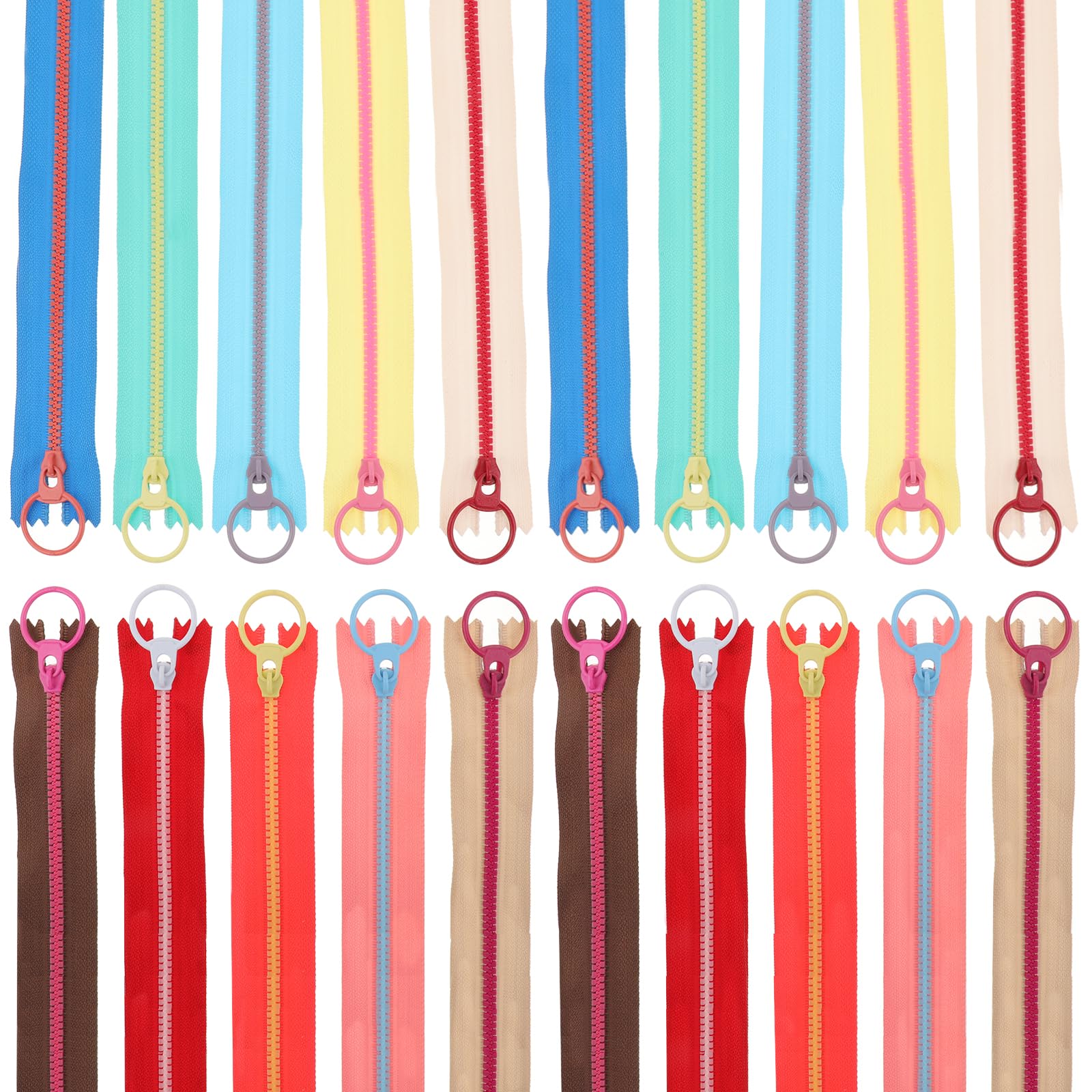 Bewudy 20 Stück Bunt Harz Reißverschlüsse, 10 Farben Nylon Reißverschluss Set Coil Reißverschluss mit Metall-Ring zum Nähen Basteln, 23 cm Kunstharz Nähreißverschlüsse für Nähbegeisterte DIY Kleidung