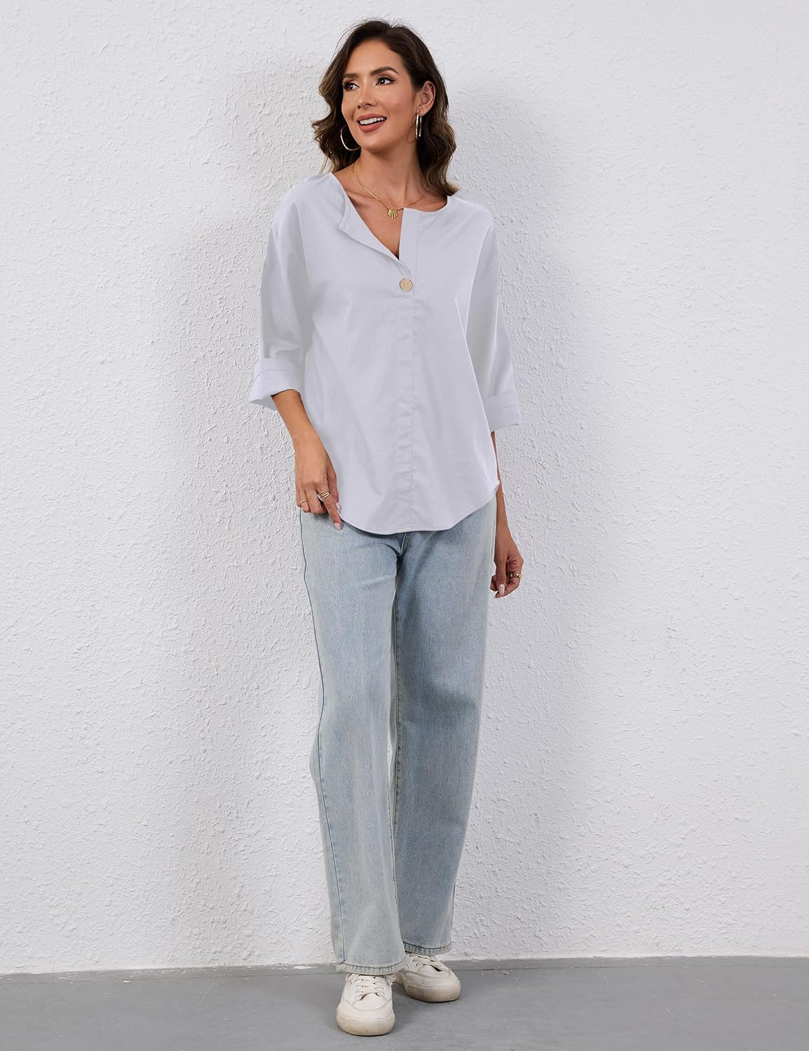 Summer Linen Shirts for Women Button Down V Neck 3/4 Sleeve T-Shirt Blouse Casual Loose Basic Solid Tunic Tops 2025 - Image 5