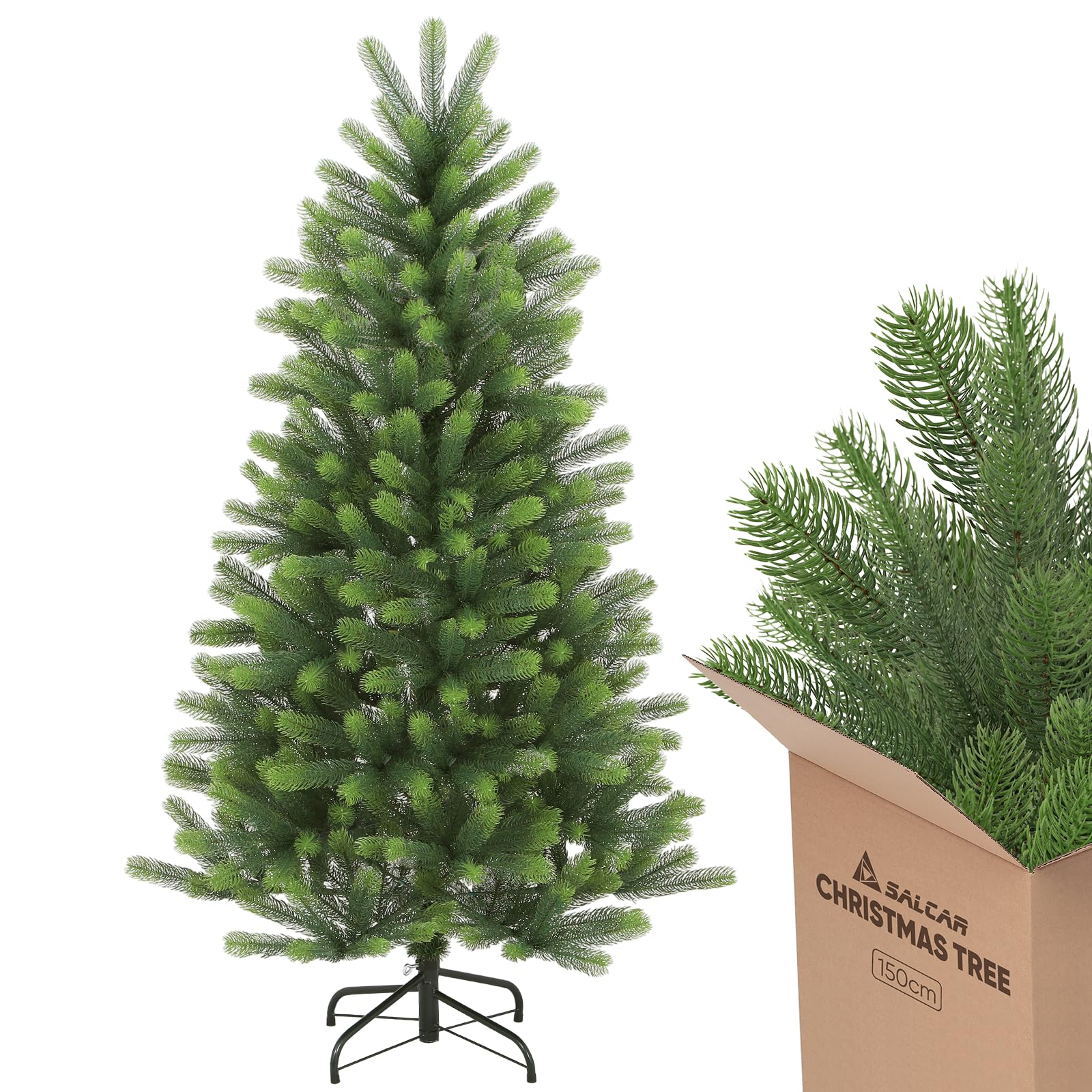 SALCAR Premium Kunst-Tannenbaum 150 cm – Vollständig aus PE – Runde, weiche Nadeln in Naturgrün – Hochwertiger Metallfuß – Edle Weihnachtsdekoration