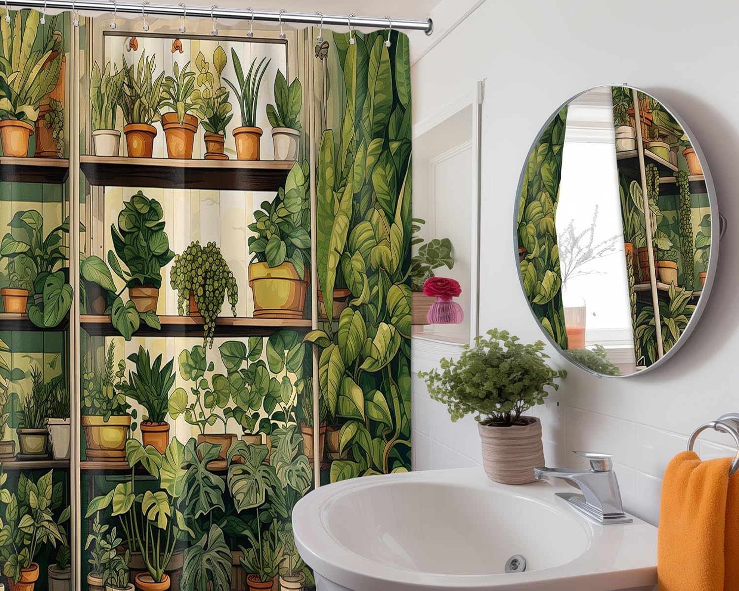 Botanical Shower Curtain, Nature Green Plant Shower Curtains for Bathroom Decor Sets, Vintage Fake Potted Pattern, Waterproof Polyester Fabric with Hooks, 70x84in