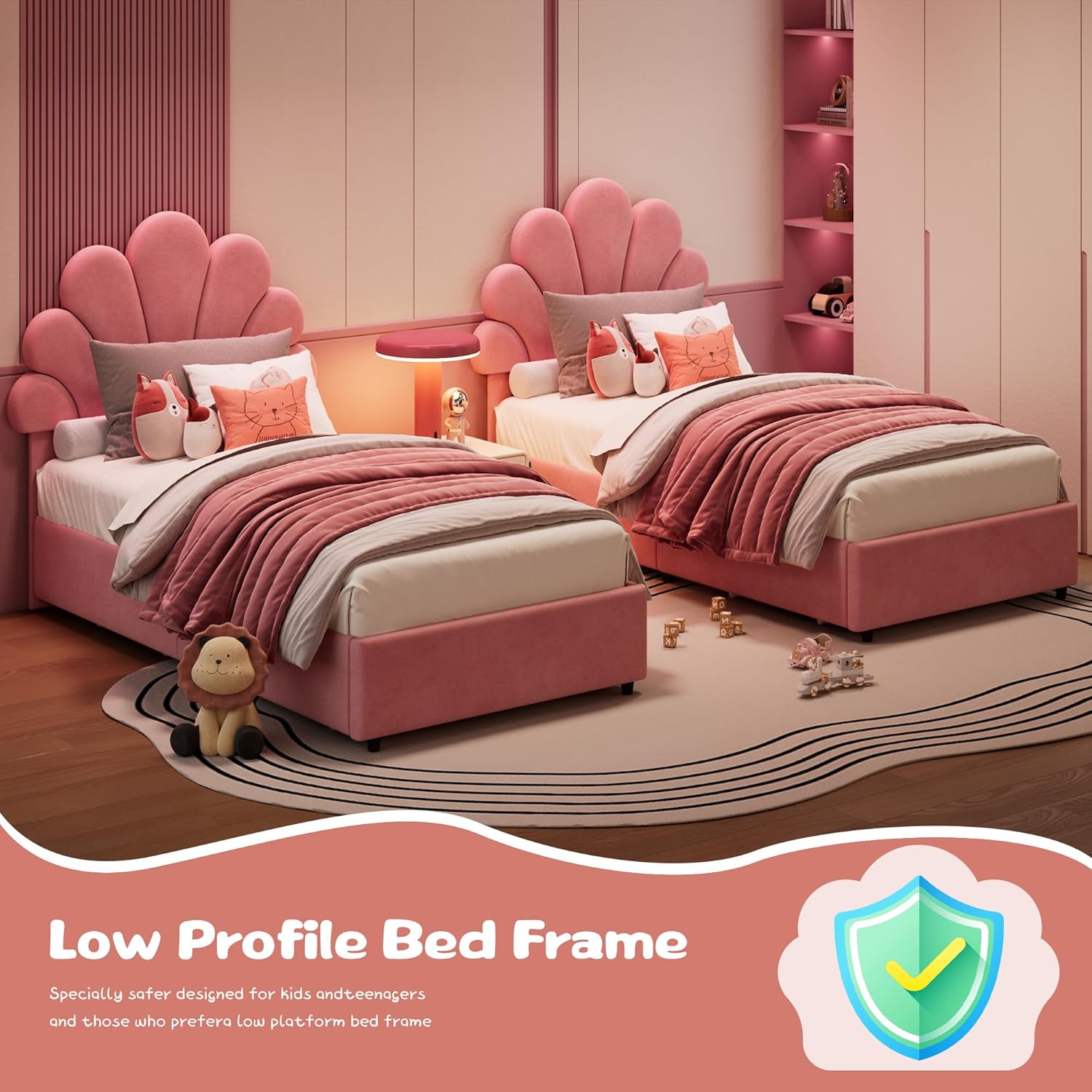 Twin Size Bed Frame for Kids - with 2 Storage Drawers, Cute Velvet Princess Platform Bed with Upholstered Headboard for Girls/Boys, Solid Wood Slats Support, No Box Spring Needed, Easy Assembly, Pink