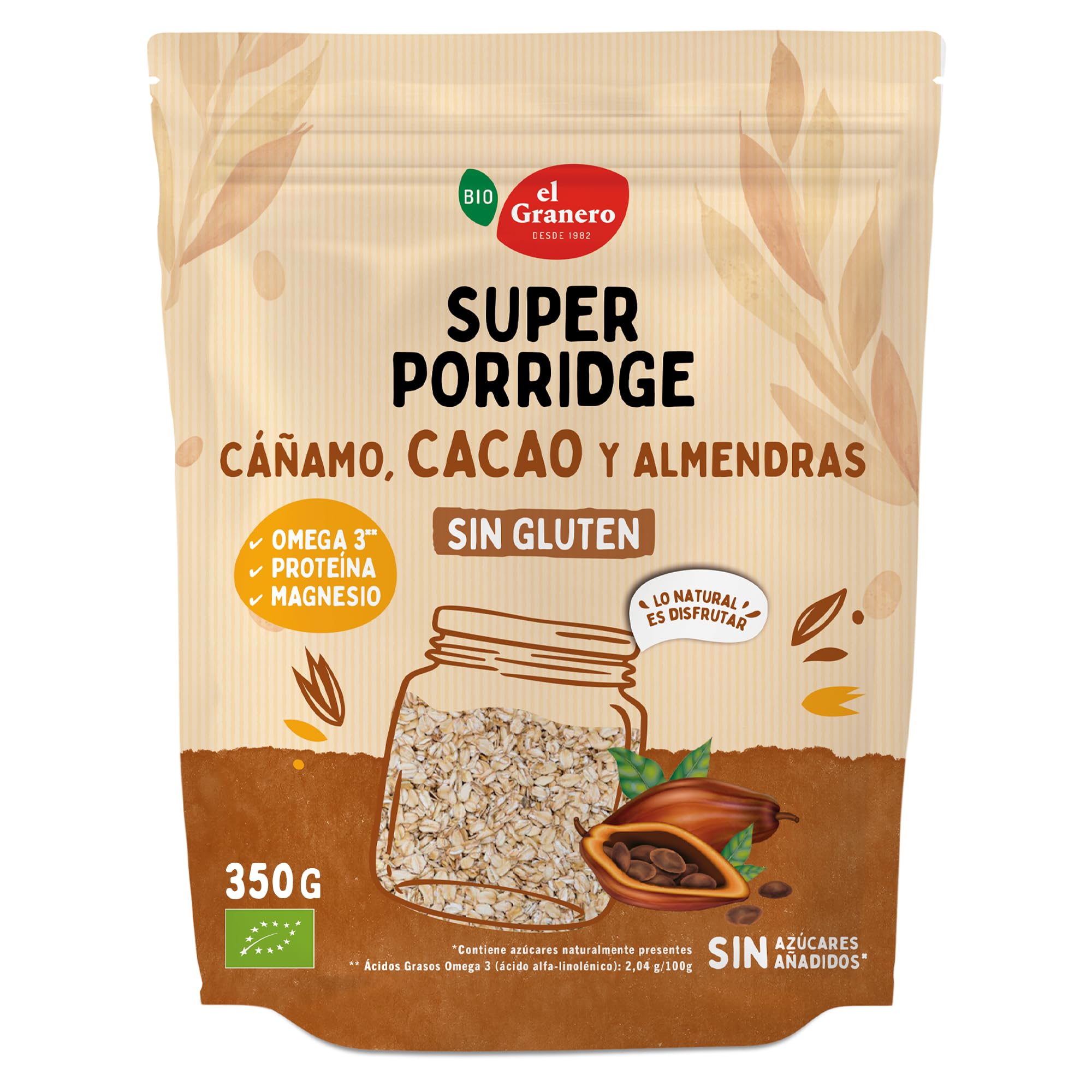 EL GRANERO INTEGRAL - Super Porridge Bio de Cacao Sin Gluten – Desayuno Ecológico, Vegano y Nutritivo – Alto en Fibra, Omega 3, Proteína y Magnesio – 350 g