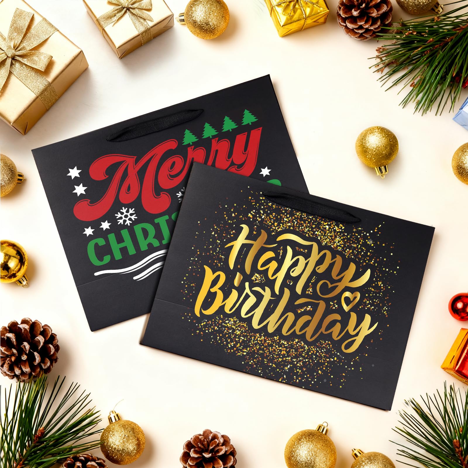 Ohuimrt 12-Count Extra Large Black Gift Bags with Tissue Paper, 16x6x12 Inch Premium Matte Black Paper Bags with Handles for Party Shopping Birthday Wedding