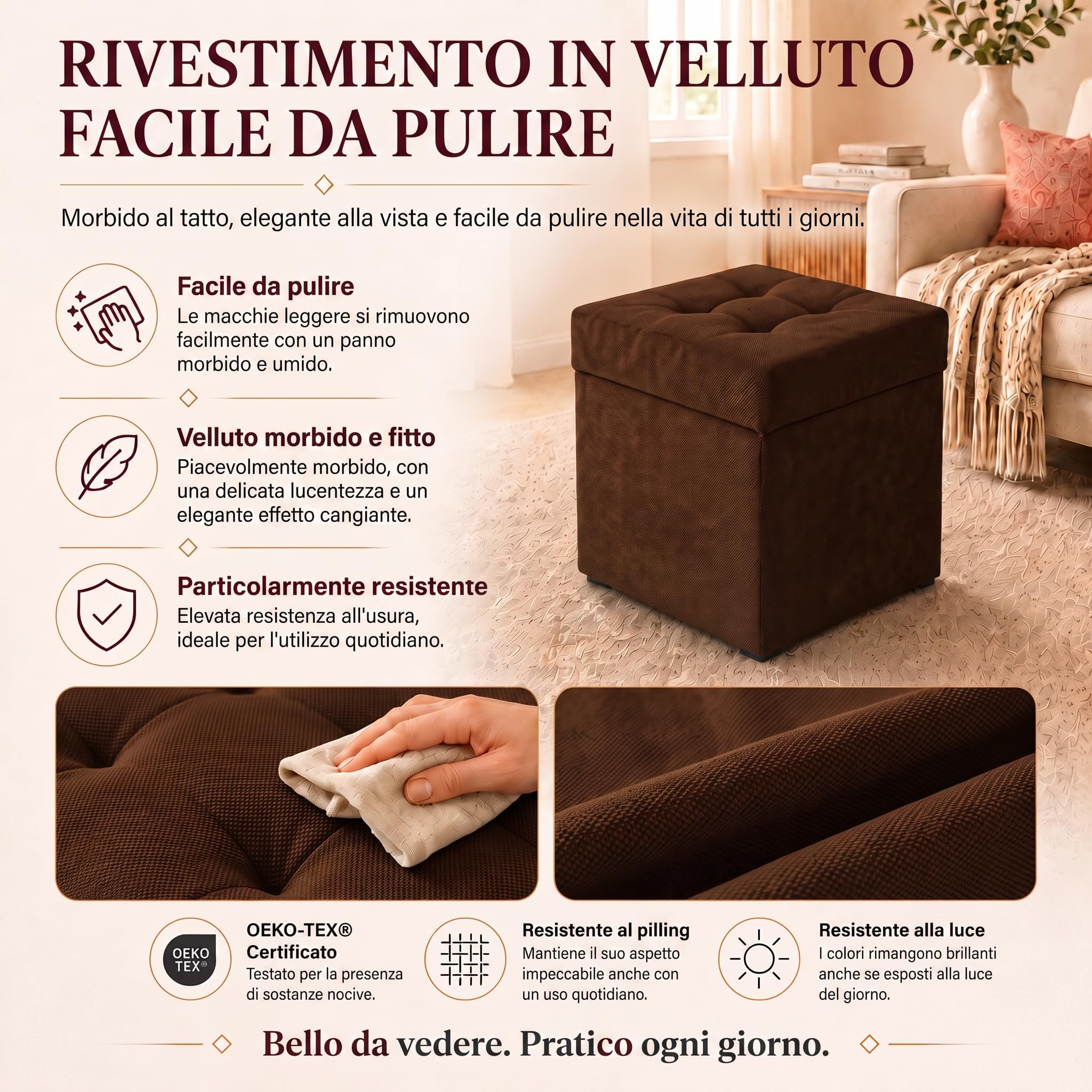 VELORA H&L Pouf Contenitore 45 x 45 cm Marrone scuro – Pouf Imbottito in Tessuto con Vano Portaoggetti, Portata fino a 150 kg, per Soggiorno, Camera da Letto e Ingresso