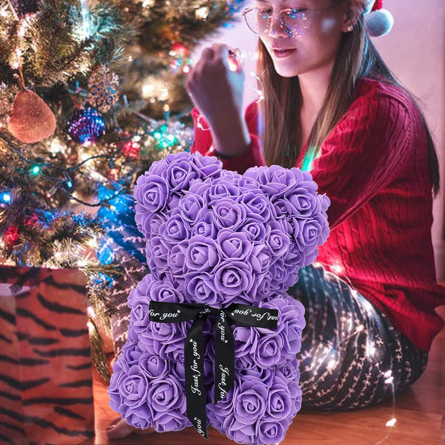 LINKLO Rose Bear Rose Teddy Bear -10 inch Artificial Rose Flower Bear, Gift for Wedding, Mothers Day and Anniversary, Including Transparent Gift Box (Purple)