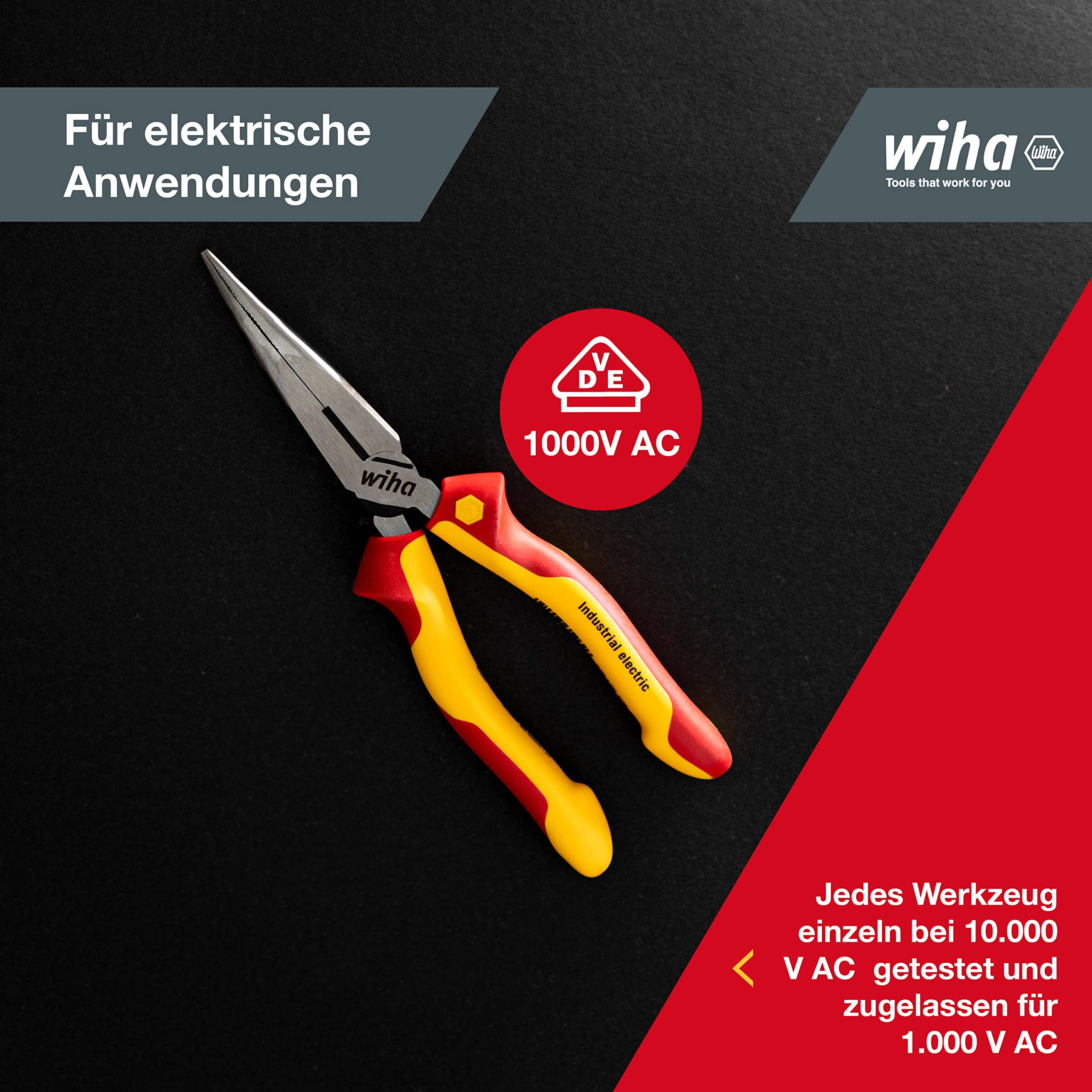 Wiha Alicates de boca semi-redonda Industrial electric con filo de corte, con forma curvada, aprox. 40° 200 mm, 8" (38859)