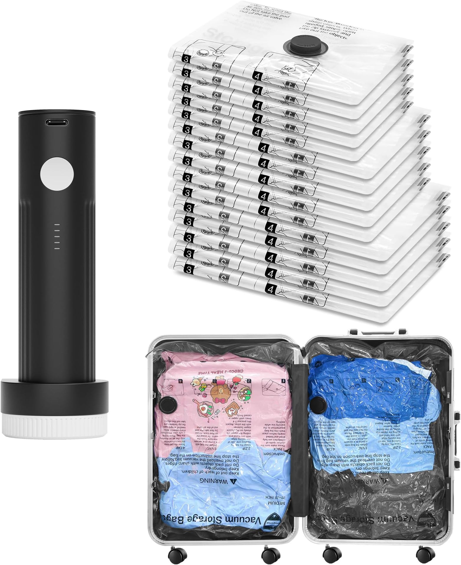 Vacuum Seal Bags for Clothing Travel and Home Storage, Travel Vacuum Bags with Electric Pump, Space Saver Compression Packing Cubes for Luggage Suitcase Bedding Blankets Clothes, 15 Combo