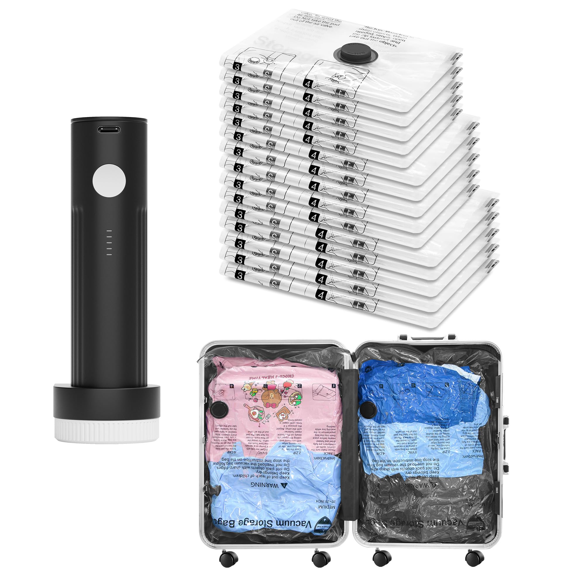 Vacuum Bags for Travel with Rechargeable Pump, 15 Combo (5L/5M/5S) Compression Packing Seal Bags for Luggage Suitcase, Space Saver for Clothing and Clothes Storage Travel