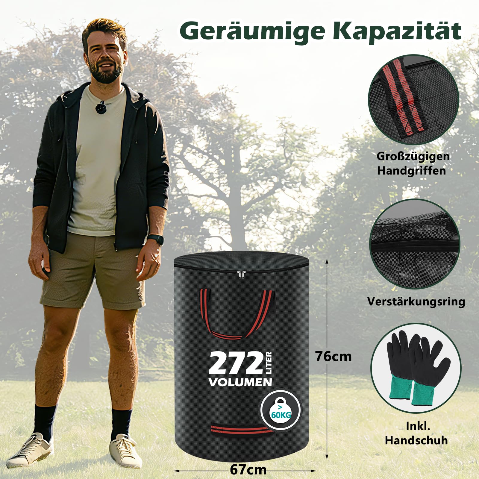 3 sacchi per rifiuti da giardino da 272 l, stabili con coperchio, doppio fondo, con guanto, sacco da giardino, sacco per foglie, grandi e resistenti agli strappi e impermeabili, per rifiuti
