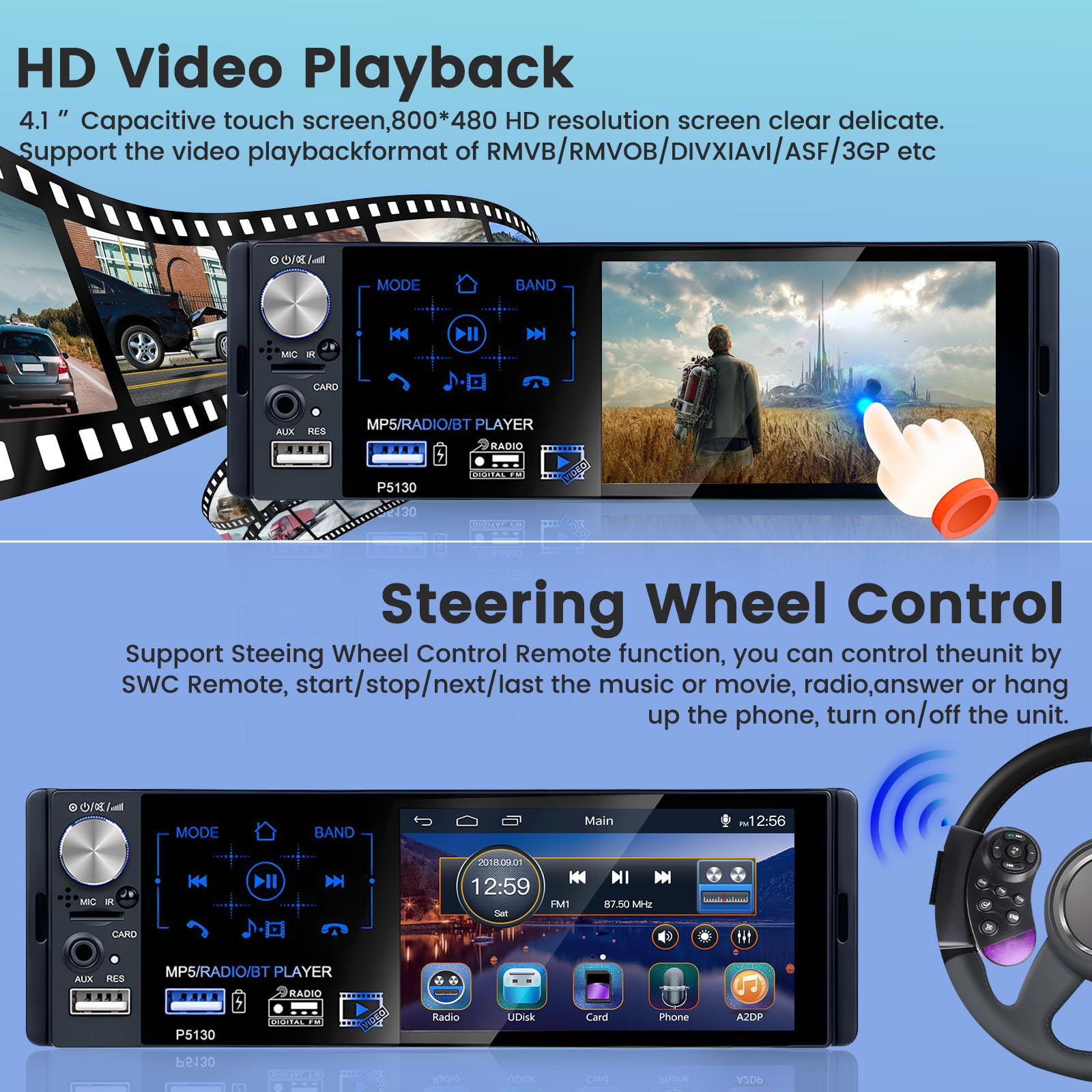 Hikity RDS 1 DIN Radio de Coche Bluetooth FM Am, Pantalla Táctil 4,1 Pulgadas Estéreo Radio para Coche con USB, Puerto SD, AUX-in, SWC, Cámara Trasera