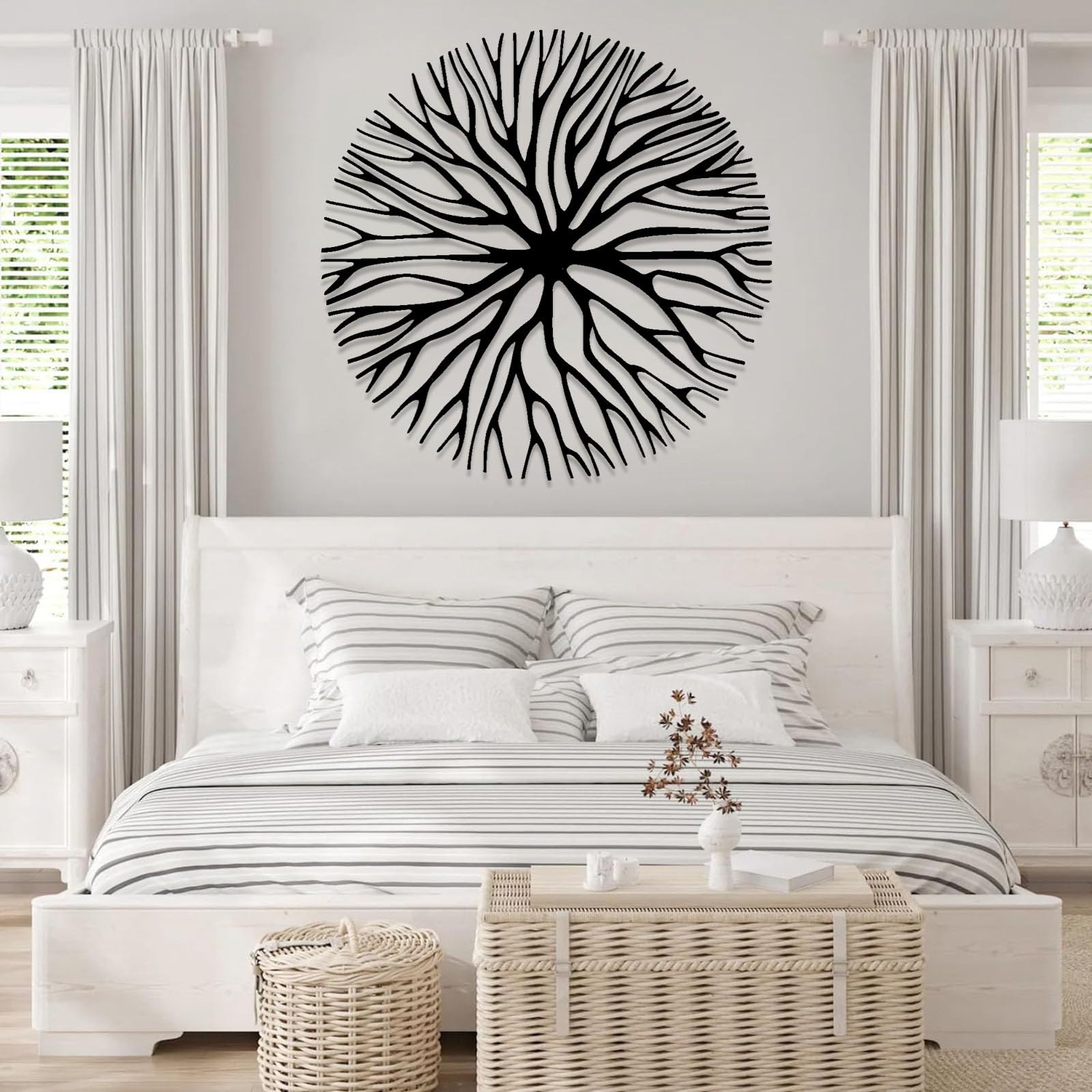 Współczesna abstrakcyjna metalowa dekoracja ścienna drzewo rodzina w okrągłej gałęzi znak formuła, konieczność do salonu i sypialni (czarny, 70 x 70 cm)