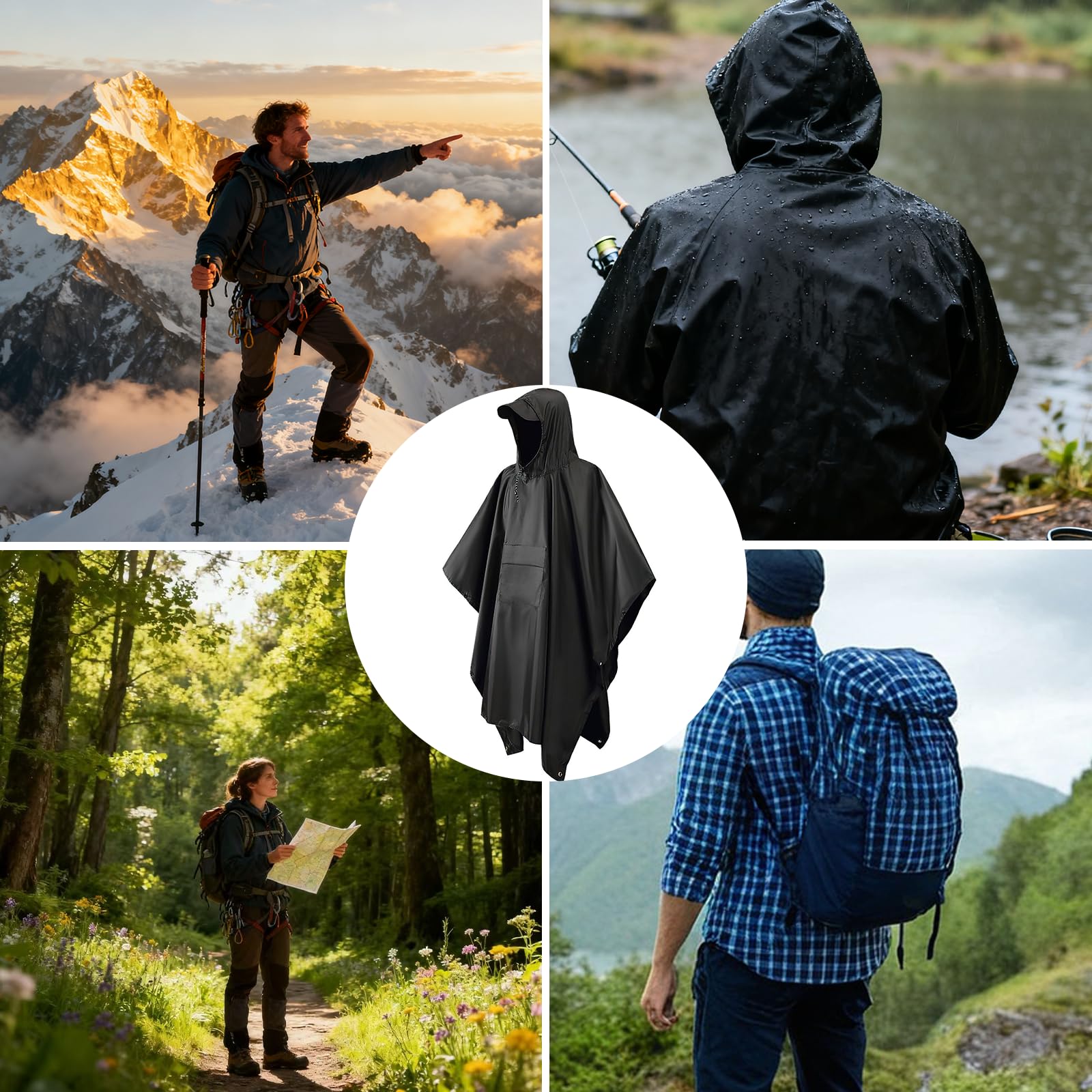 Oxford 210T Poncho de pluie imperméable pour homme Poncho de pluie pour festival, vélo et randonnée 3 en 1 imperméable à capuche pour camping