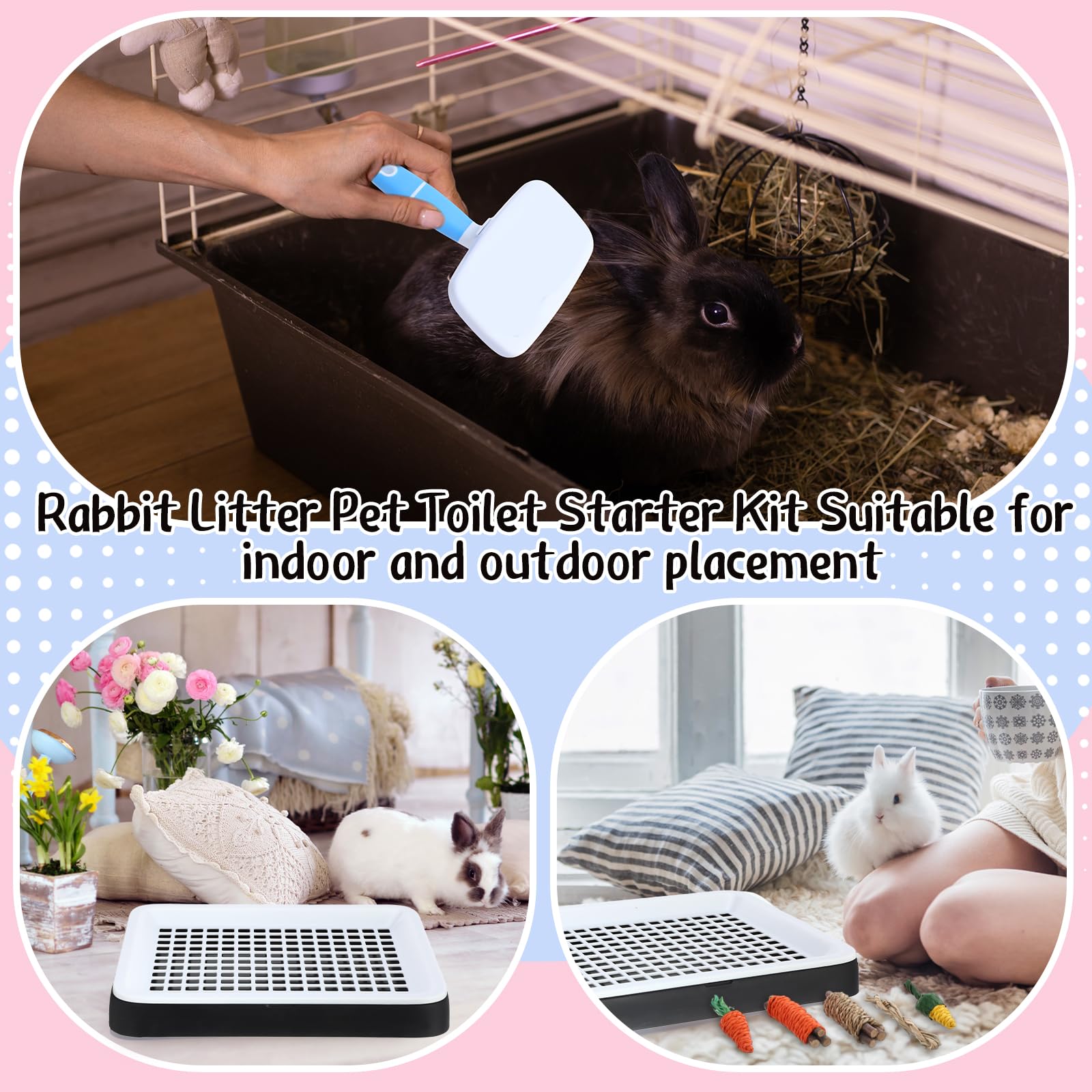 19 Pcs Rabbit Starter Kit Small Bunny Litter Box Rabbit Grooming Kit Water Bottle Bunny Toys Hay Feeder Bowl Blankets with Cleaning Set for Guinea Pig Accessories(Black,Cloud) - image 7