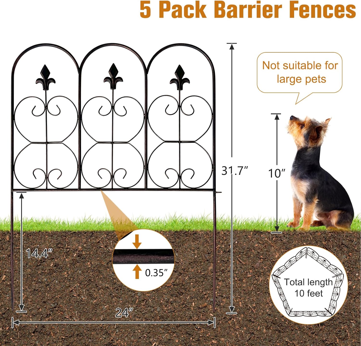 Kinfant 5 Panels Decorative Garden Fence-31.7in (H) x 10ft (L) Rustproof Metal Animal Barrier Fencing Wire Panel Border for Flower Bed, Dogs for Yard Landscape, Patio, Outdoor(Black Gold)