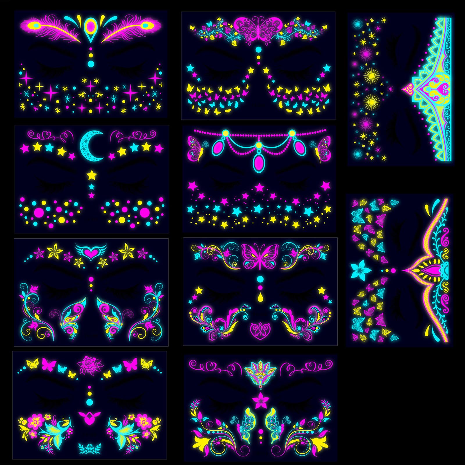 Eowppue 10 Pcs Face Tattoo, Glow in The Dark Tattoos, Temporary Face Stickers, Rave Accessories, Festival Accessories