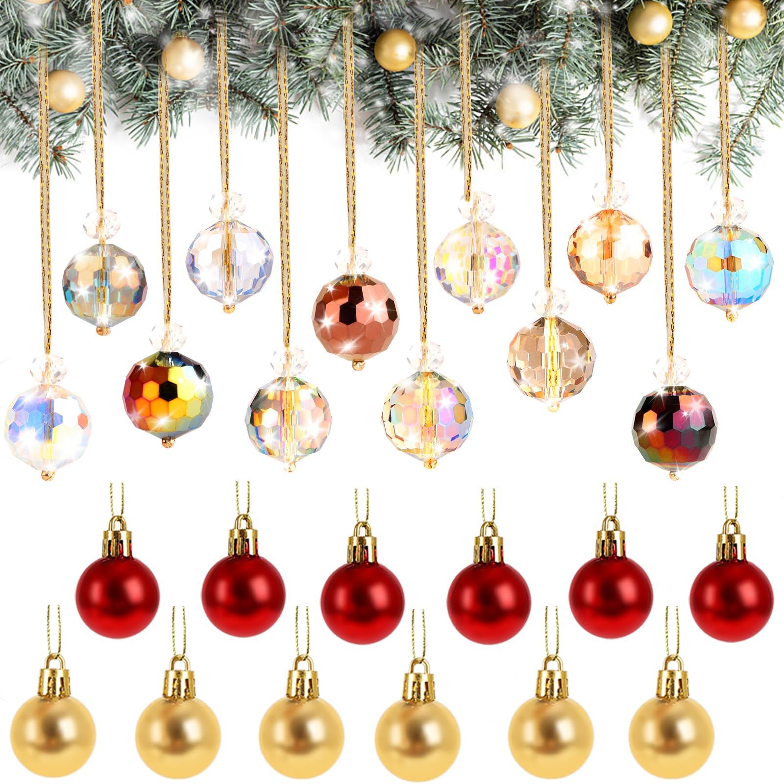 22mm Christmas Tree Crystal Balls 12Pcs Yomaido Glass Xmas Baubles of Rainbow Prism with 12Pcs Christmas Baubles in Gold, Red for Xmas Tree Hanging Decorations