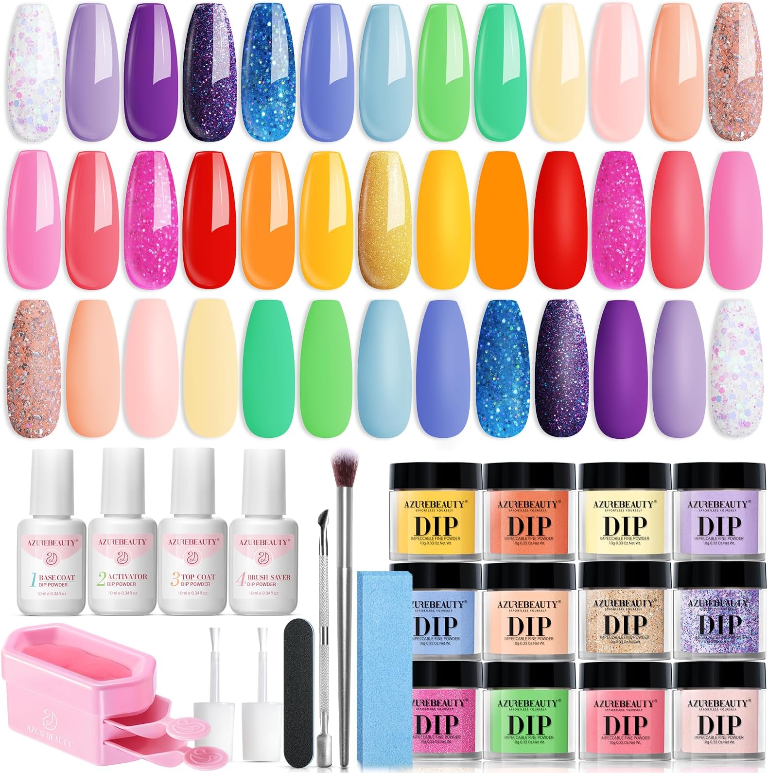 31 Pcs Dip Powder Nail Kit Starter, Spring Summer 20 Colors Glitter Neon Pink Blue Green Dipping Powder Liquid Set with Top/Base Coat Activator for French Nail Art Manicure DIY Salon Gift