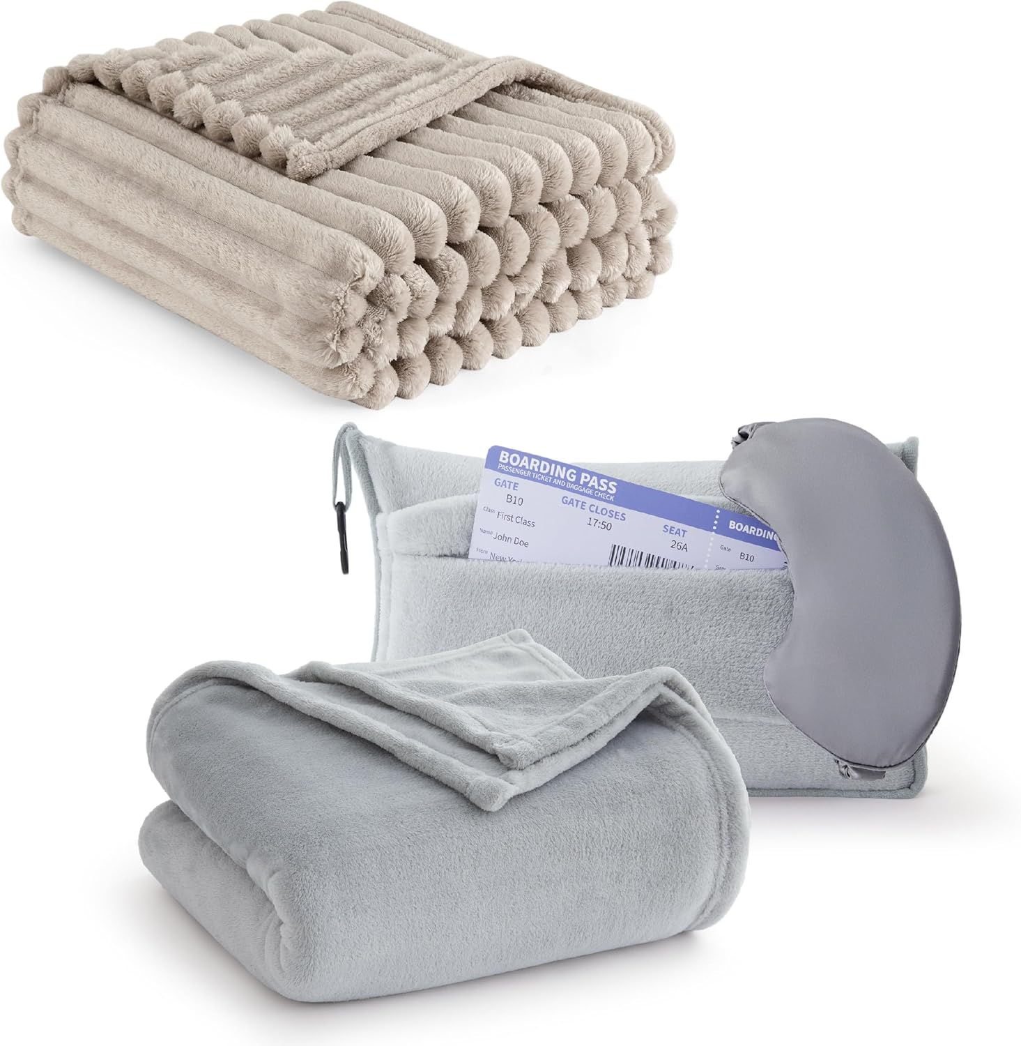 Bedsure 3-in-1 Compact Travel Blanket and Pillow Set Grey & Fleece Throw Blanket Linen 108x90