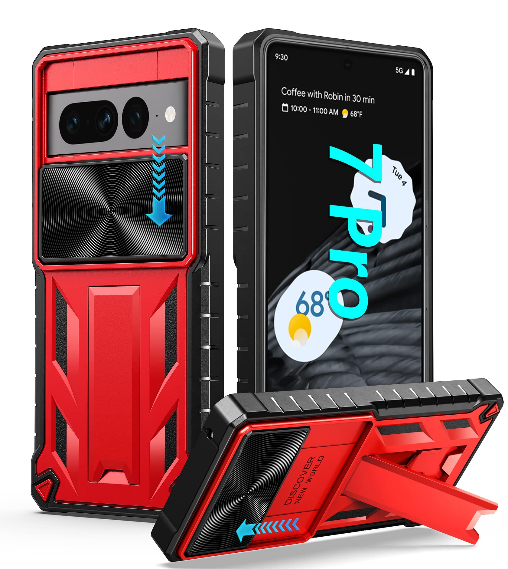 for Google Pixel 7-Pro Phone Case: Drop Proof Protection Cover with Kickstand | Matte Textured Shockproof TPU | Protective Sturdy 5G Bumper Case - Red