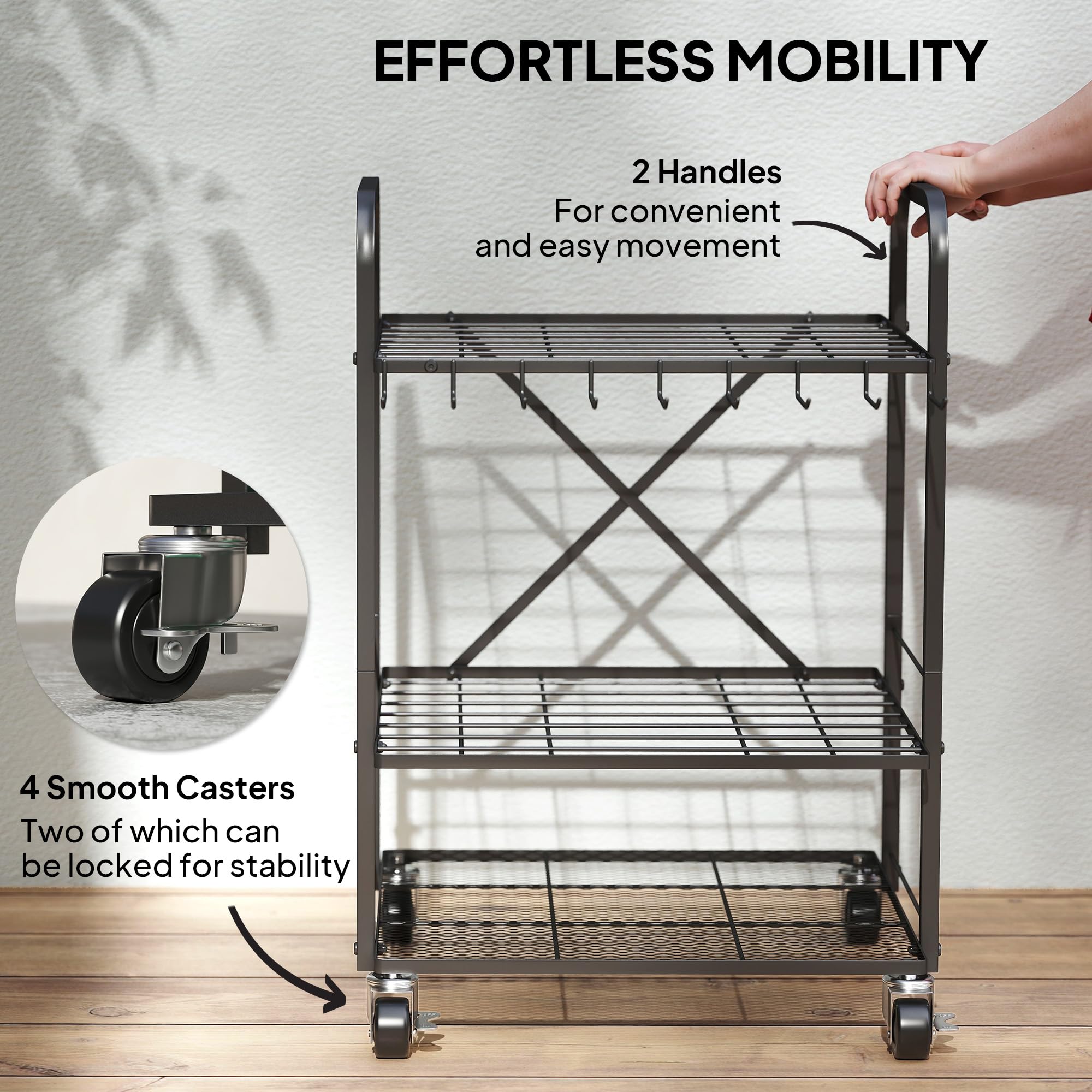 Outsunny Organizzatore di attrezzi da giardino con 9 ganci, porta attrezzi da giardino a 40 scomparti, porta attrezzi da garage in metallo su rotelle per forbici, vanghe, rastrelli, nero
