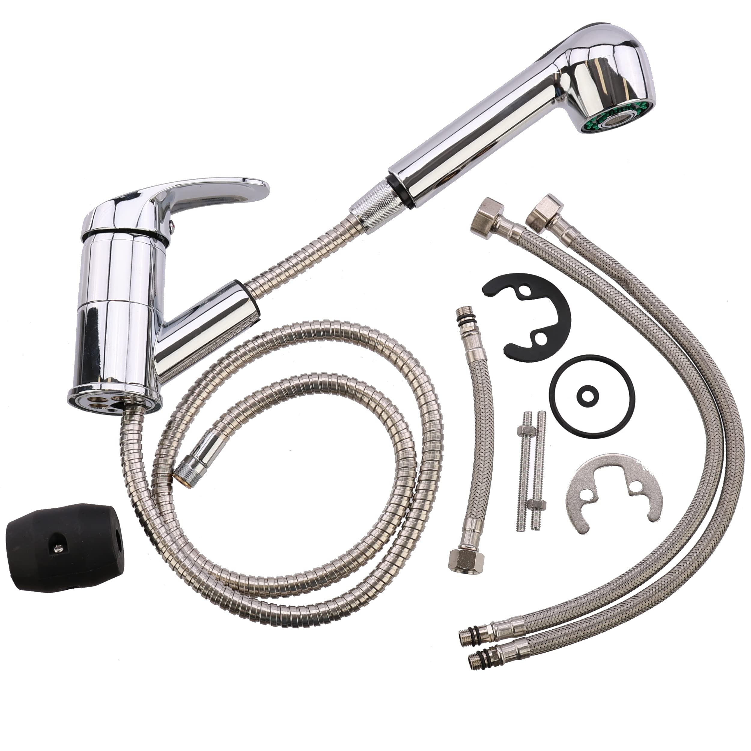 Fregadero de 51 cm, granito, poliestireno, con grifo extensible, dispensador de jabón con rebosadero, sifón para pared