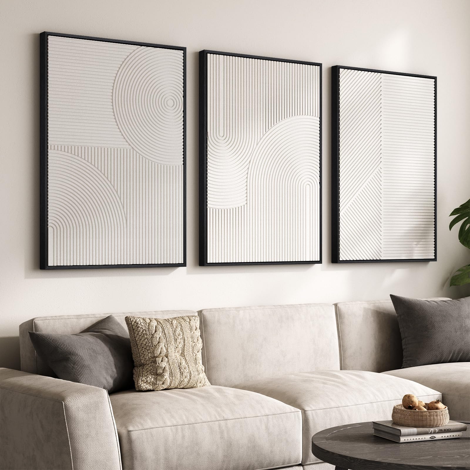 Photo 1 of Large Framed 3D Textured Abstract Wall Art for Living Room, 3 Piece Modern White Geometric Pictures Wall Decor, Minimalist Line Paintings for Bedroom Dining Room Hallway Office 24x36 In