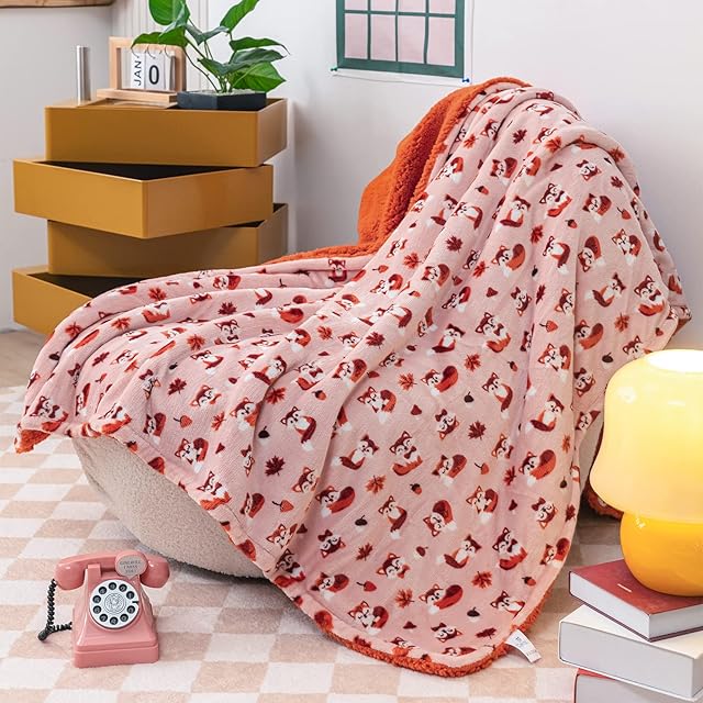 DAYSU Micro Fleece Sherpa Baby Blanket Reversible Plush, Floral Print Baby Throw Flannel Blanket for Boys and Girls, Portable Baby Crib Blanket for Newborn and Nursery, Fox, 101x76cm