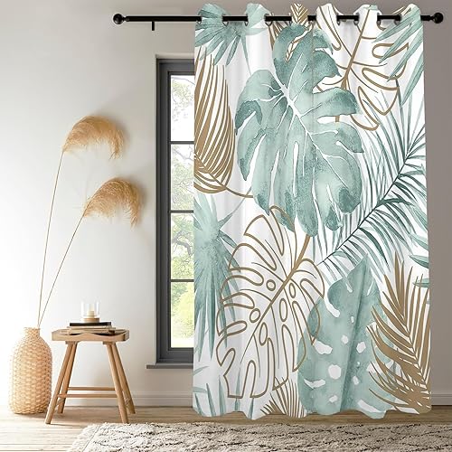 Miniatura 2 de Renaiss Cortinas opacas de hojas tropicales, hojas de Monstera de palmera verde, con aislamiento térmico, para dormitorio, plantas botánicas,