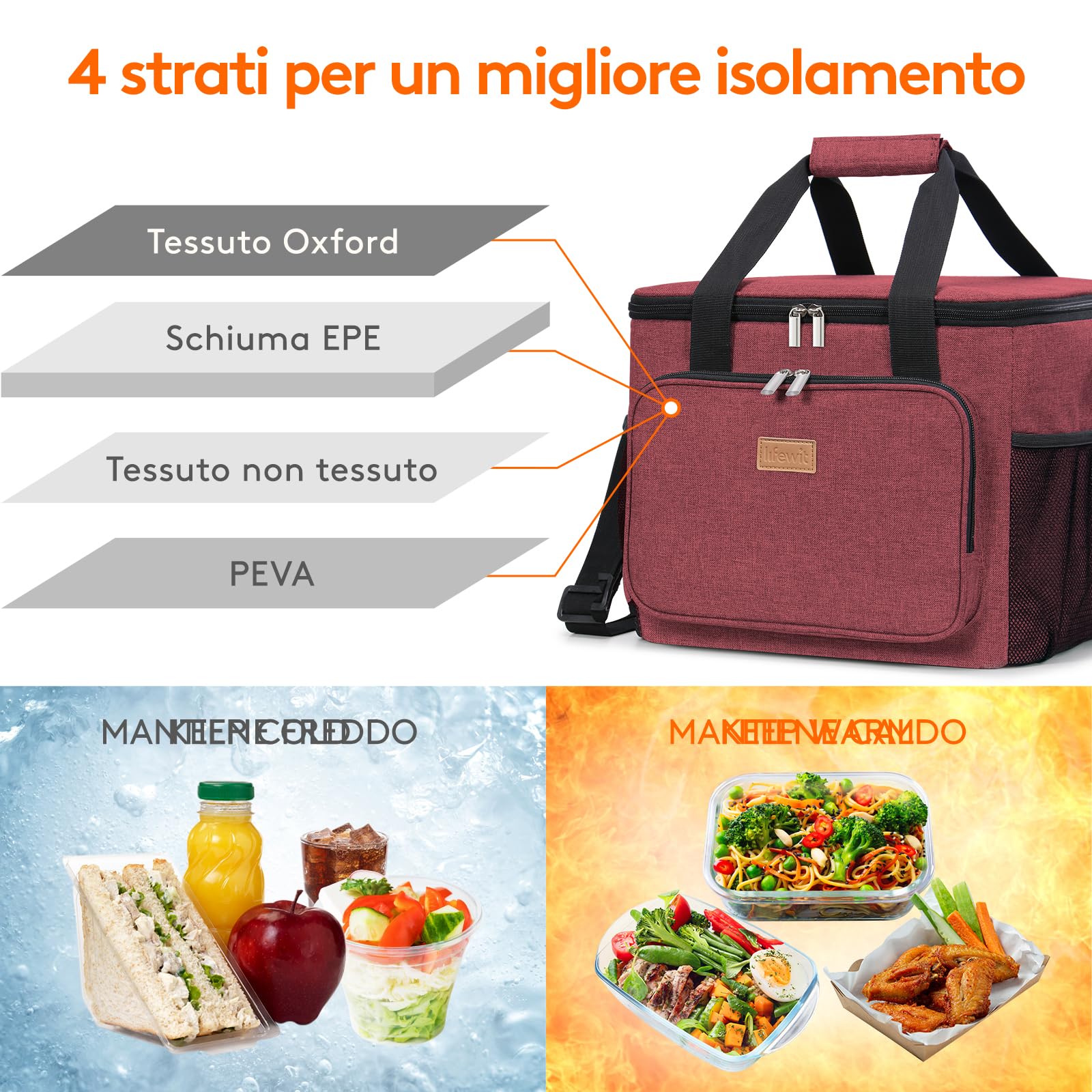 Lifewit Borsa Termica Porta Pranzo 24L(40 Lattine), Grande Borse Frigo Pranzo Ufficio per Uomo e Donna, Lunch Bag per Lavoro, Mare, Viaggio, Spiaggia, Borgogna