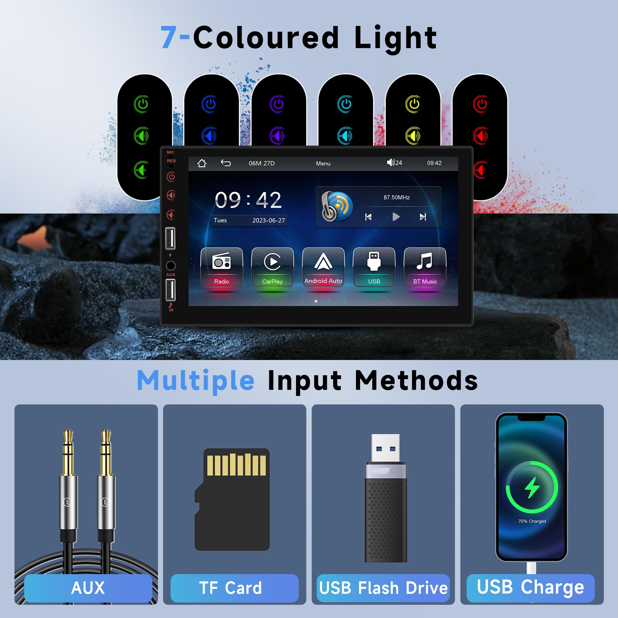 Autoradio 1 Din 7 Pollici Con Wireless Carplay E Android Auto – Touchscreen, YouTube, Mirror Link, Bluetooth, FM, Telecamera Posteriore E Controllo Al Volante