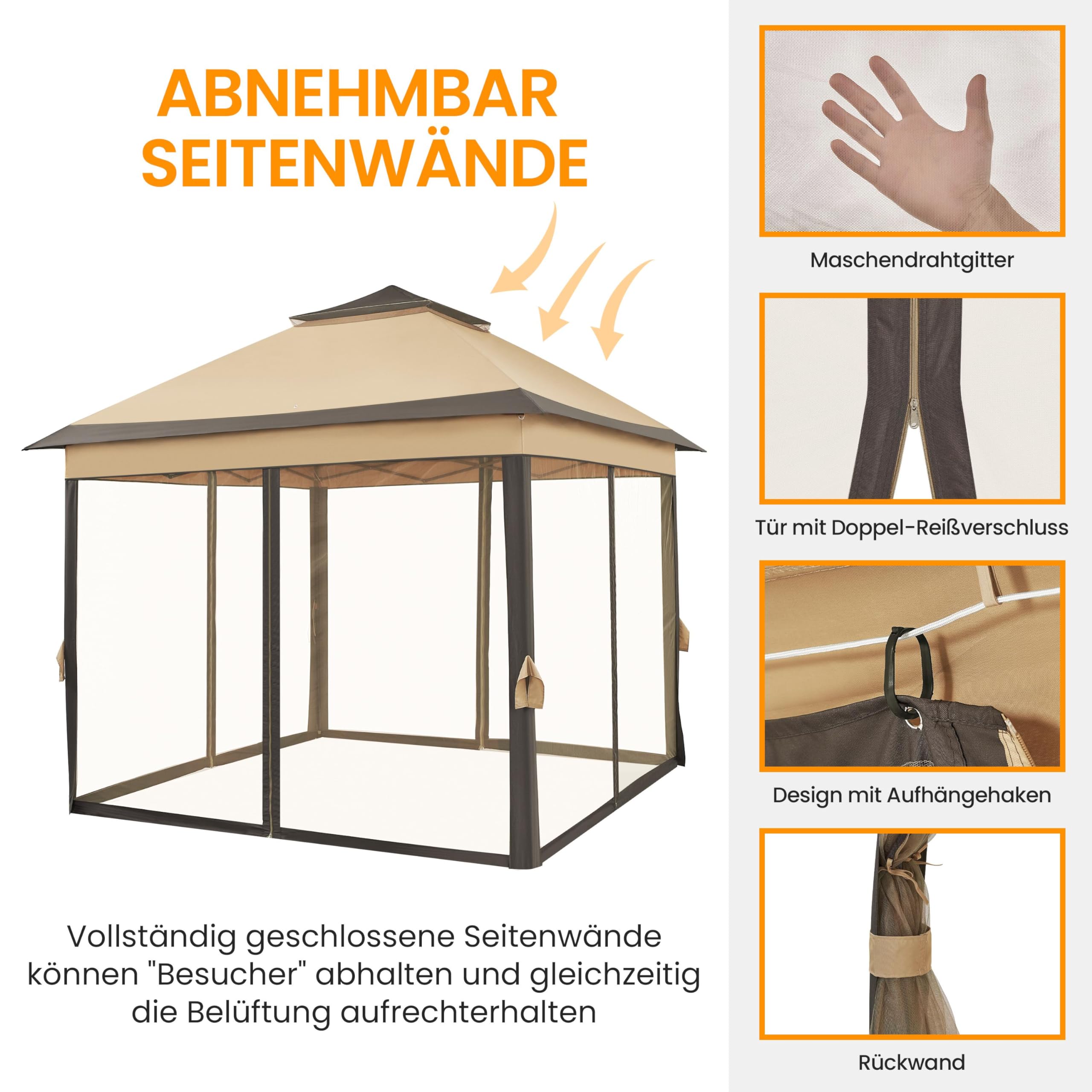 Yaheetech Pavillon 3,3x3,3m Wasserdicht Stabil Pop Up Faltpavillon, Höhenverstellbar Gartenpavillon mit 4 Moskitonetz Seitenteilen & Doppeldach Partyzelt inkl. Tragetasche, Khaki+Braun