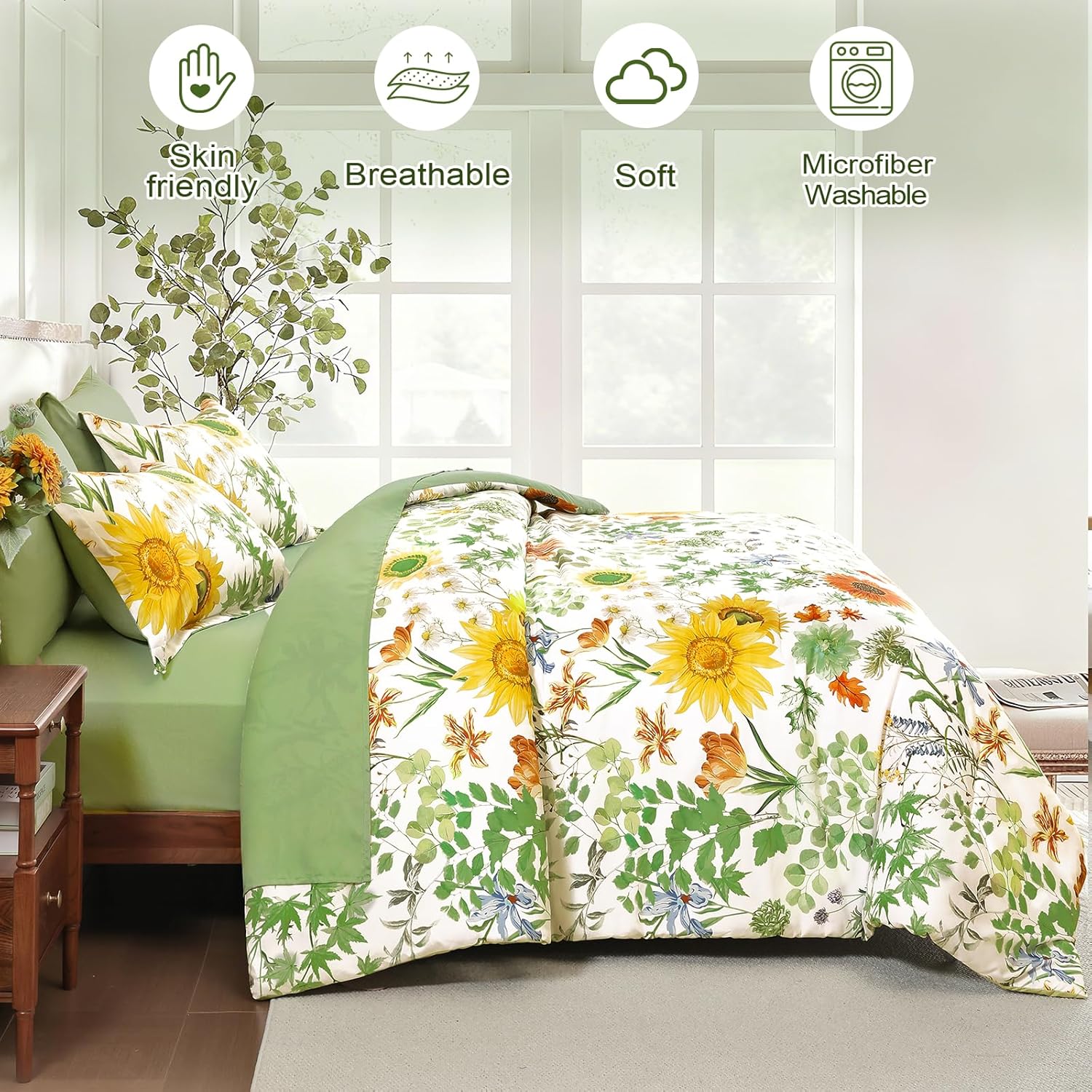 Yiran Green Bed in a Bag Comforter Set King 7 Pieces Floral Bedding Set for Bed,Soft Microfiber Sunflower Botanical Comforter with 1 Flat Sheet 1 Fitted Sheet 2 Pillowshams