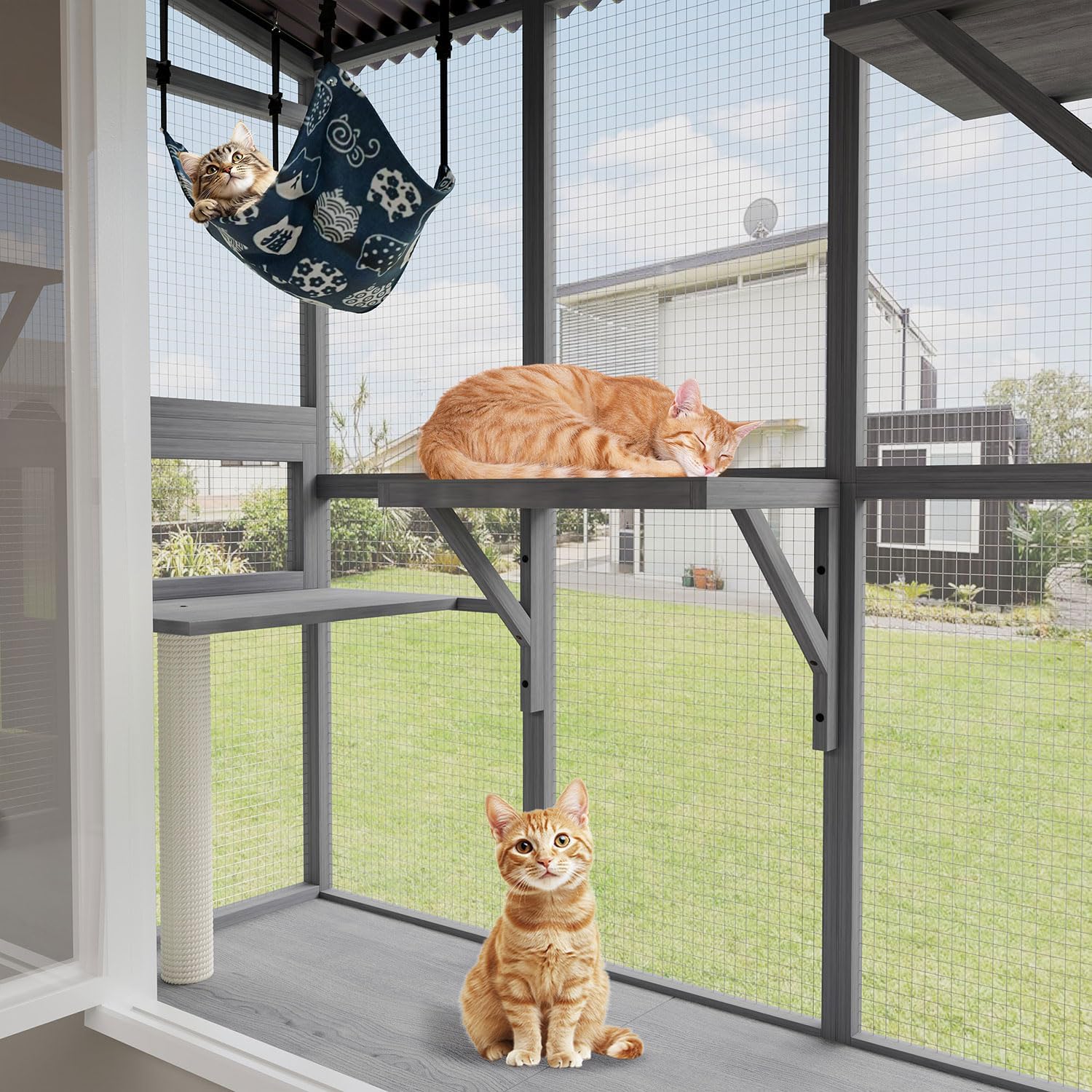 Large Outdoor Window Catio – Weatherproof Wall-Mounted Cat Enclosure with 3 Doors, Multi-Level Perch with Hammock & Scratching Post, Secure Bug-Free Cat Tunnel Playhouse for Indoor Cats