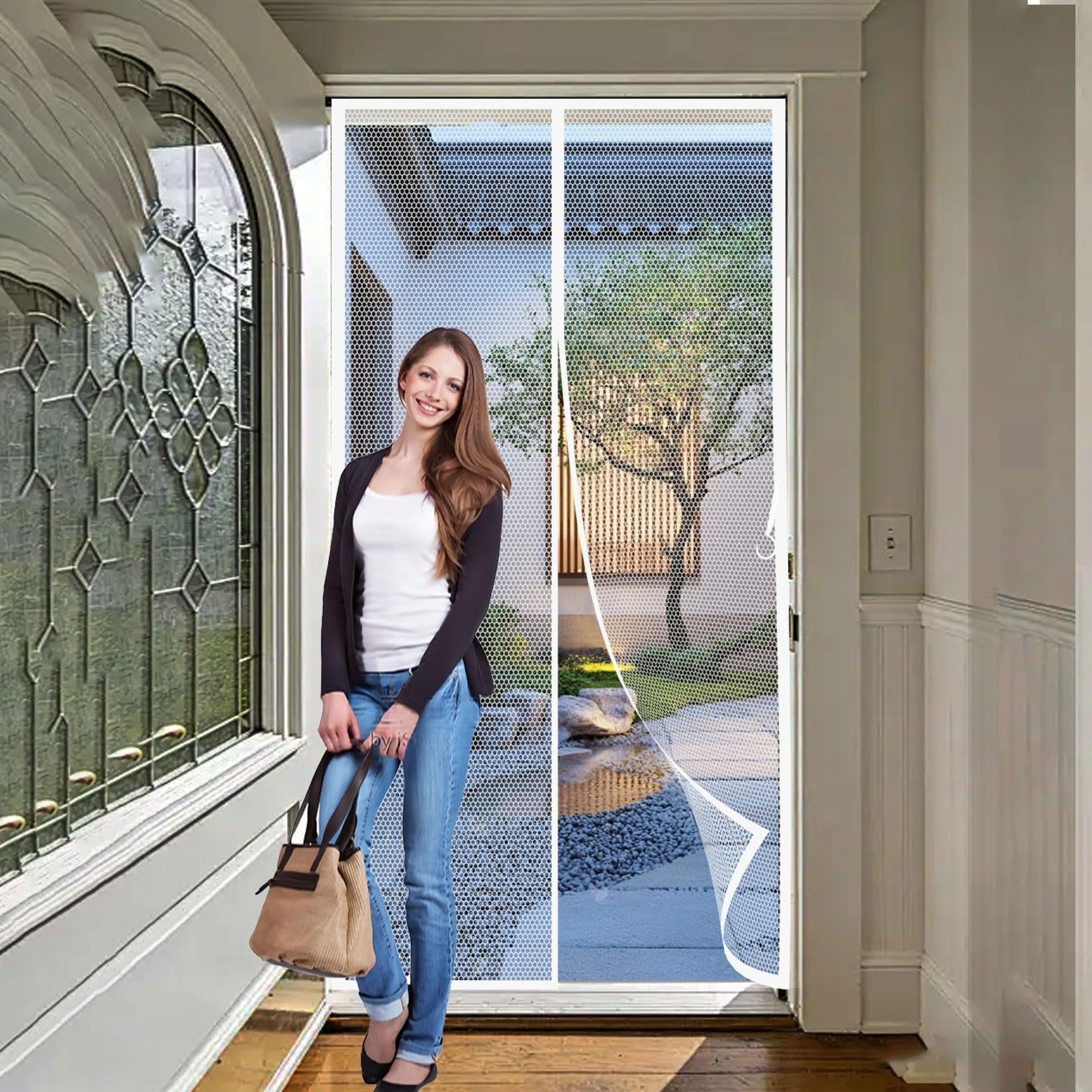 Magnetic Fly Insect Screen Door 80 x 195 cm Frame Hook & Loop, Powerful Magnets Magnetic Door Curtain Lets Fresh Air, Easy to Install Pet and Kid Friendly, White