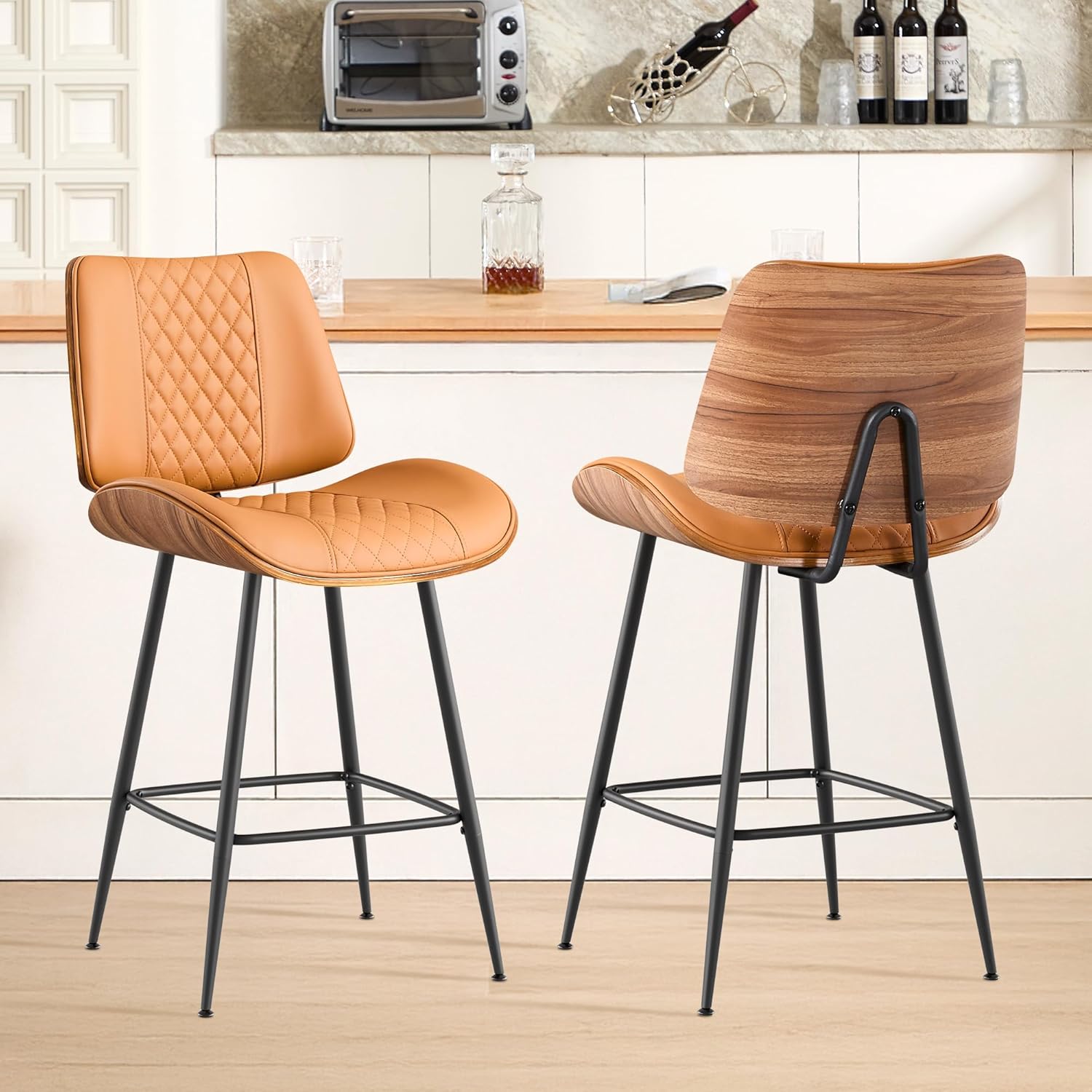 Bar Stools Set of 2, 26" Counter Height Bar Stools with Bentwood Legs and Back, Mid Century Modern Faux Leather Upholstered Barstools for Kitchen Island, Bar, Brown