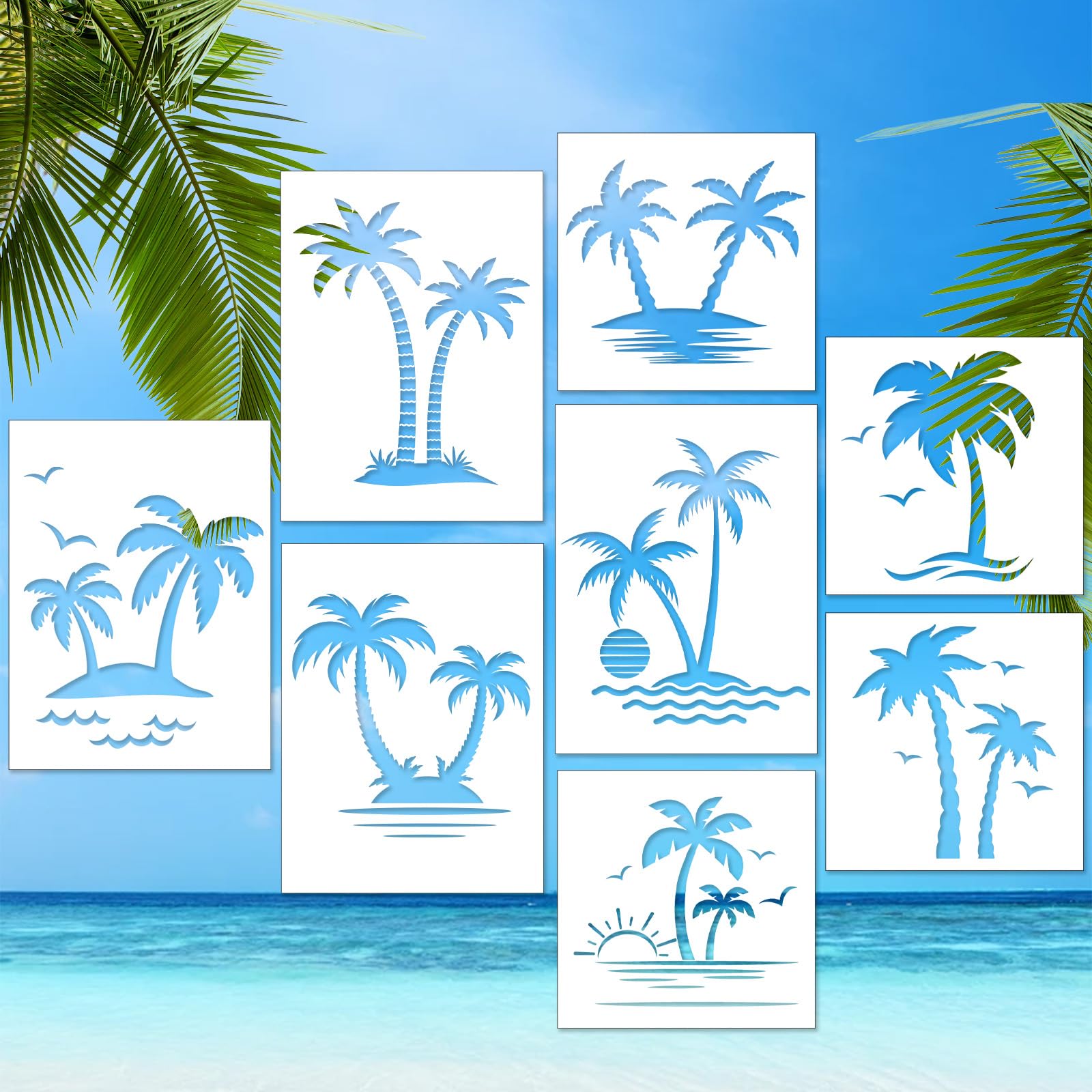 gisgfim 8Pcs Palm Trees Stencils Template Reusable Summer Beach Stencils for Painting on Wood Craft Canvas Walls Decorations DIY Projects Summer Chalk Stencils in Small & Large Sizes for Kids Toddlers