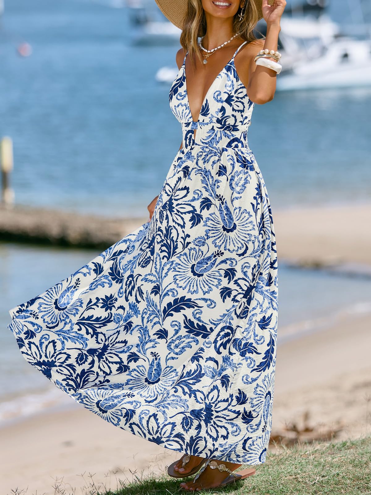 CUPSHE Damen Sommerkleid Blumen V-Ausschnitt Maxikleid Spaghettiträger Rückenfrei Boho Kleid A-Linie Strand Urlaub Trägerkleid