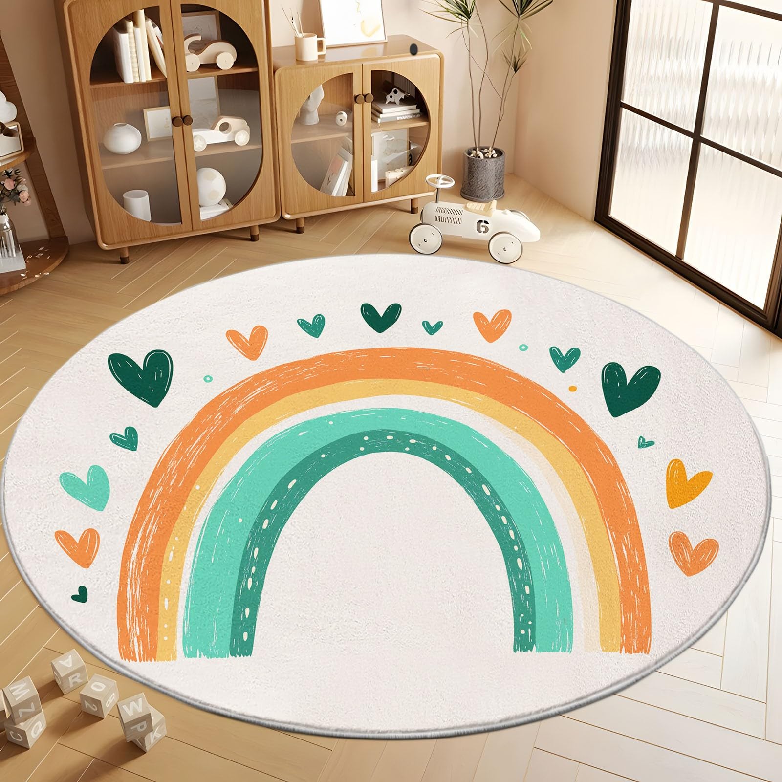 Générique Beige Tapis Rond Lavable en Machine 100 cm, Dessiné À La Main Bohème Arc en Ciel - Tapis Rond imprimé antidérapant à Poils Courts pour Salon, Chambre d'enfant, décoration de Chambre