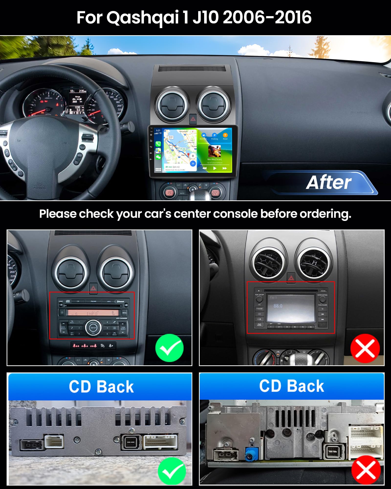 SIXWIN Autoradio Nissan Qashqai J10 2006-2016, Schermo Touch 9" IPS HD, Radio Auto con CarPlay senza Fili e Android Auto,Vi-Link, Bluetooth, FM RDS, DSP, USB,Supporto Volante e Telecamera(Grigio)