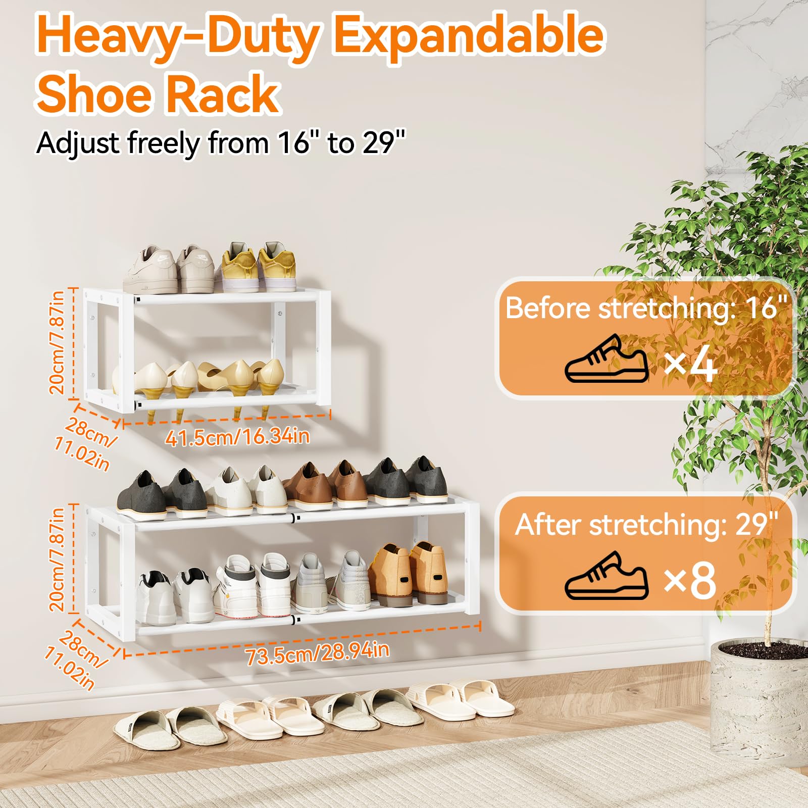IBUYKE Lot de 2 Étagère à Chaussures Murales, Petit Organiseur à Chaussures Suspendu Extensible de 41-73 cm, Gain de Place Porte Chaussures Mural en Métal pour Entrée Salon, Blanc TXJ001W-2