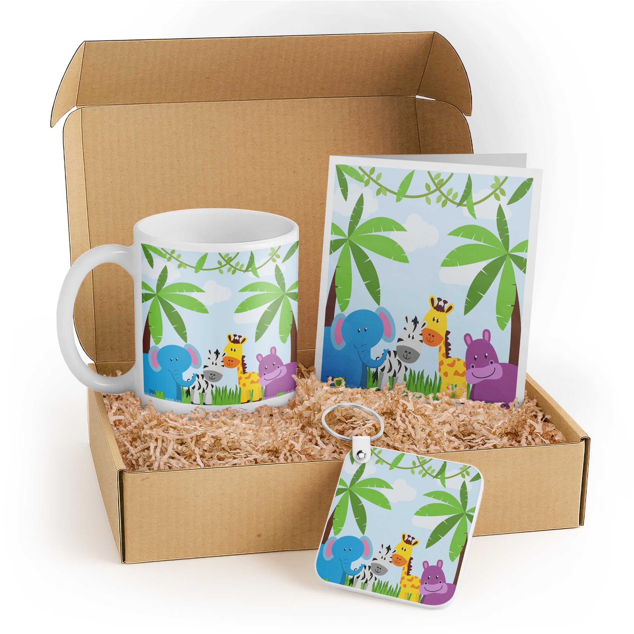 3dRose Cute Jungle Animals Gift Set with Mug, Keychain, and Card - Perfect for Kids' Birthdays and Baby Showers