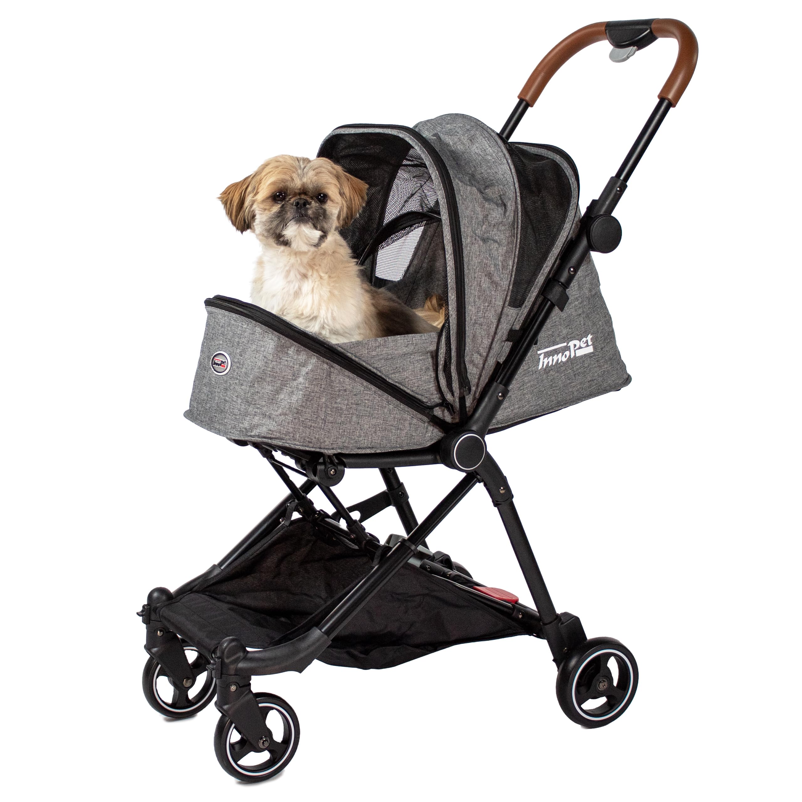 InnoPet City Pet Buggy Grey - Compact Dog & Cat Stroller for Travel, One-Hand Fold, Pet Carrier for Small Dogs and Cats up to 11kg, Faux Leather Push Bar, Four Wheels, Lightweight Dog Buggy