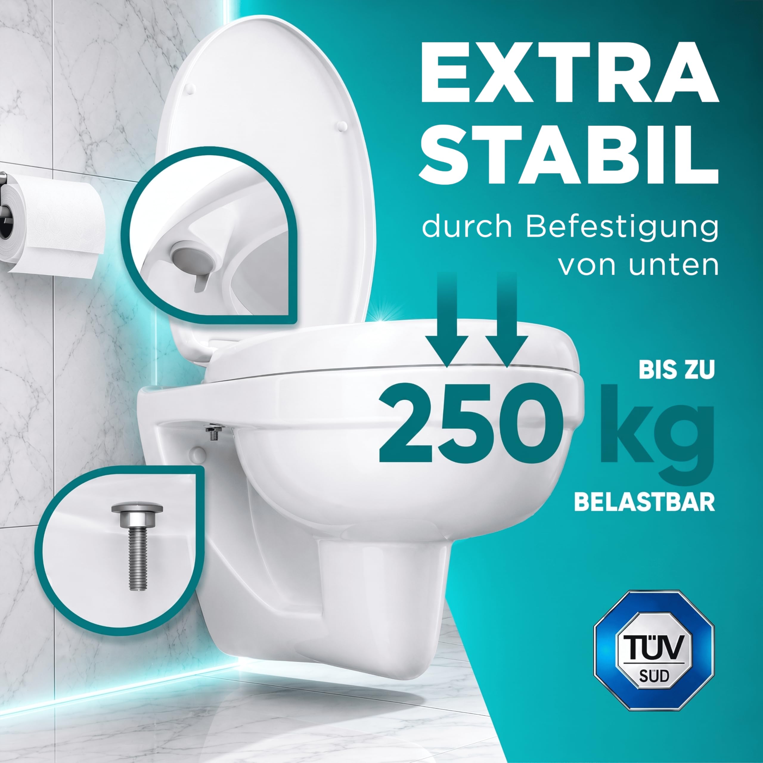 WC Sitzerhöhung 7,5cm inkl. Absenkautomatik für bequemes Sitzen & Aufstehen | Erhöhter Toilettensitz bis 200 kg belastbar | Toilettensitzerhöhung - Raised Toilet Seat