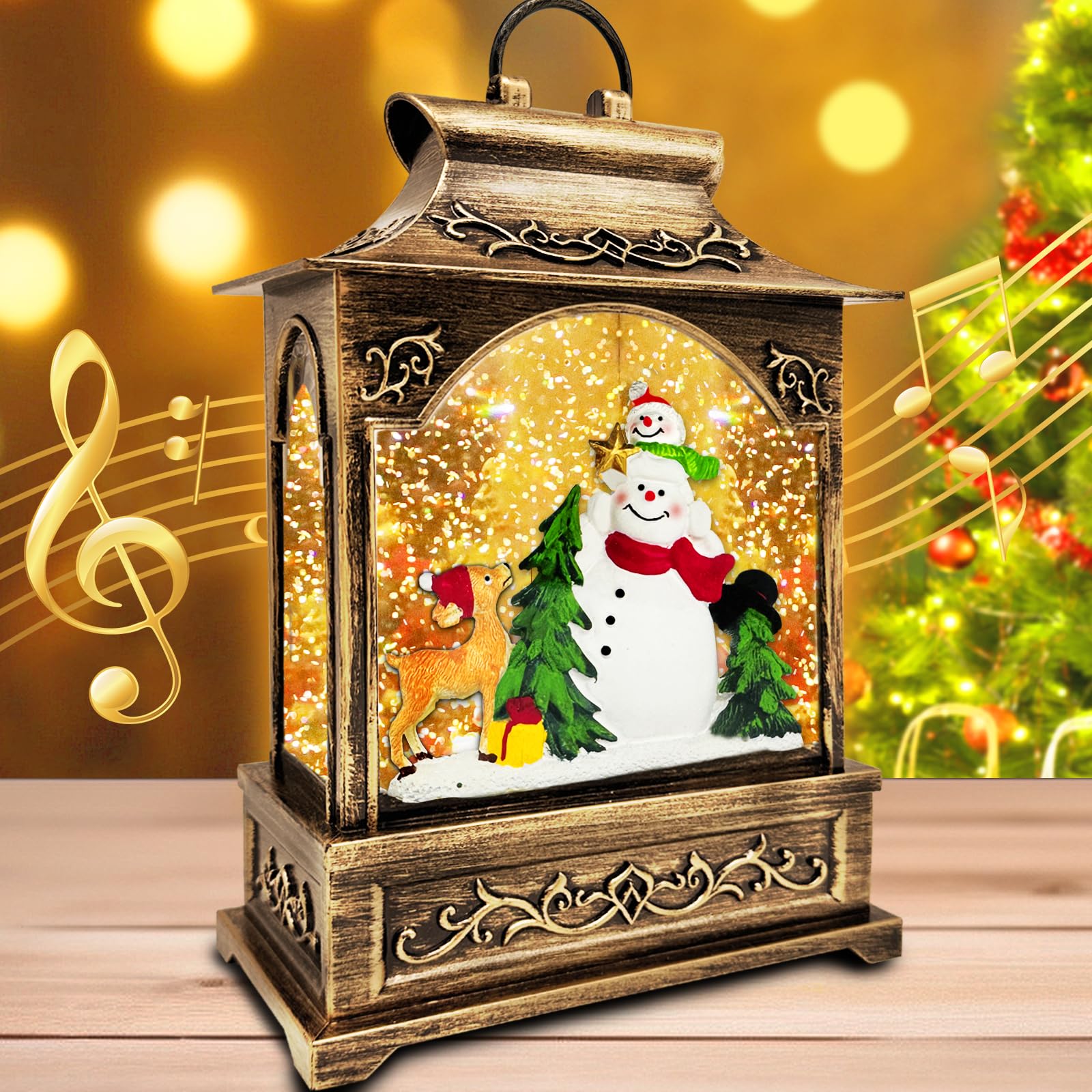 TURNMEON Lighted Christmas Musical Snow Globe Decorations, Xmas Snowman Scene Water Lantern with 8 Songs Timer & USB/Battery Operated Swirling Glittering Globes Christmas Decorations Indoor Home Decor