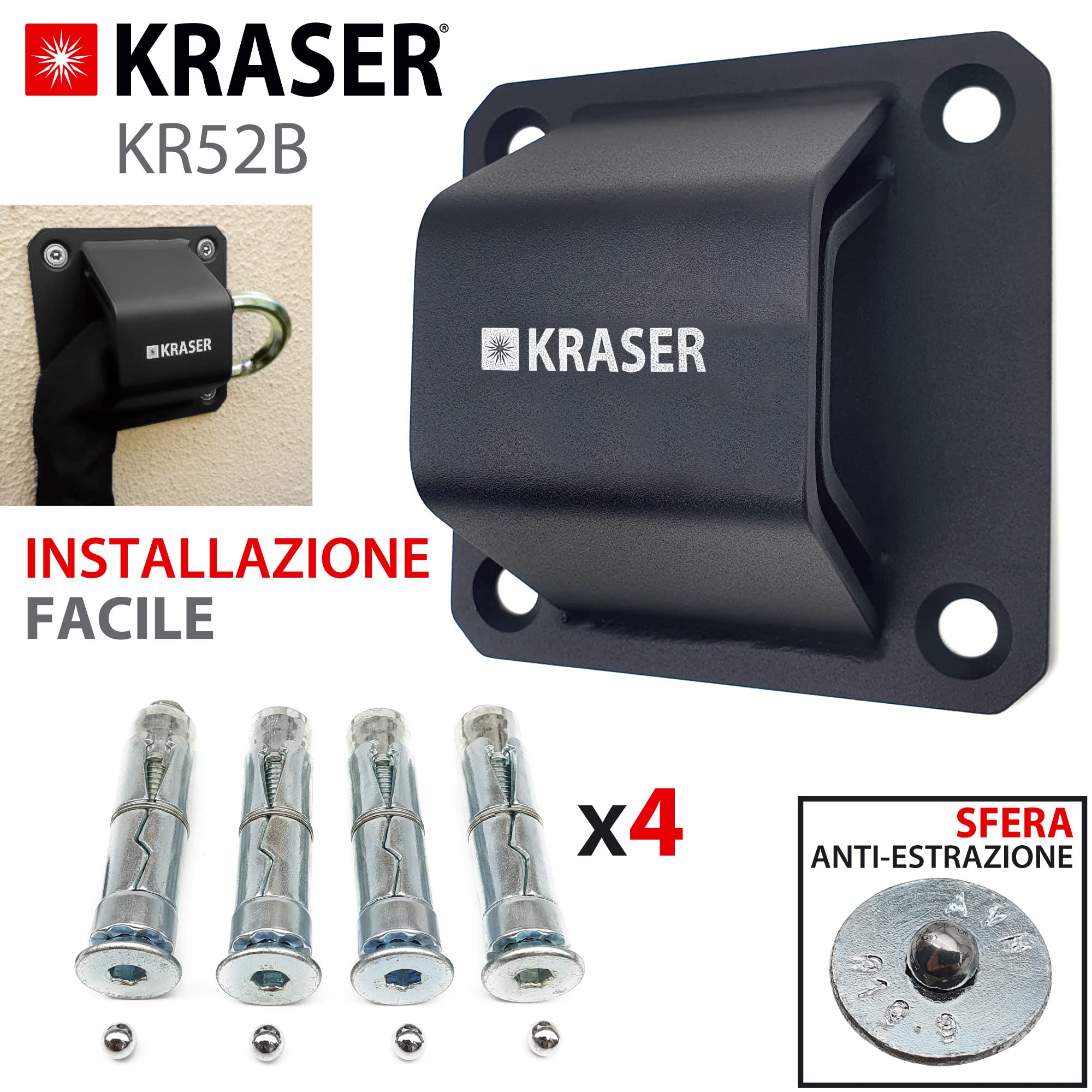 KRASER KR52B Antifurto a Pavimento o Muro in Acciaio ad Alta Resistenza Arco, Antiattacco + Base e 4 Punti di Ancoraggio, Vernice a Doppio Strato, Sicurezza Moto, Bici, Rimorchio