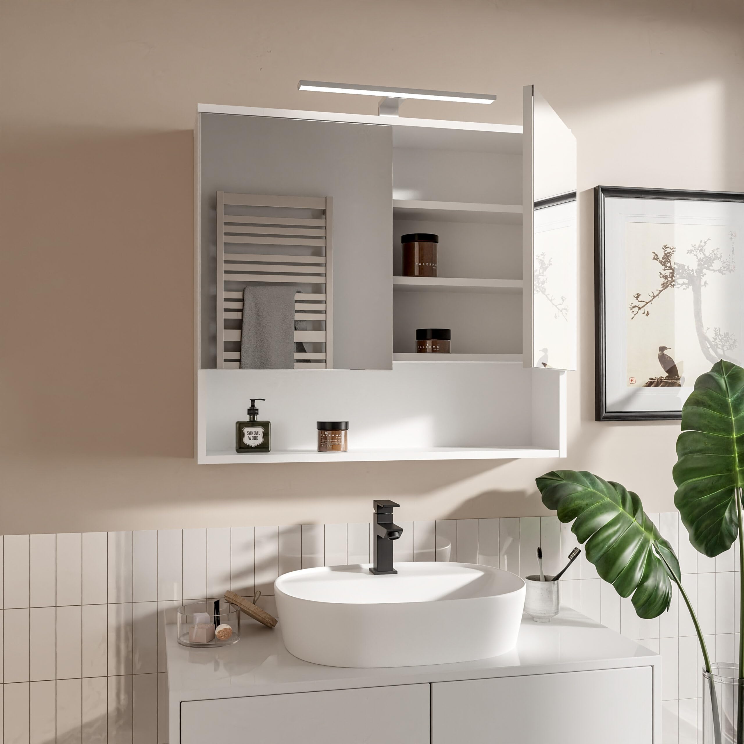 Szafka Łazienkowa LED Biała Mat Wisząca Dwudrzwiowa z Lustrem - 78x70 cm - Funkcja cichego domykania - Szafka ścienna z oświetleniem LED 4000 k do łazienki Wodoszczelność IP44