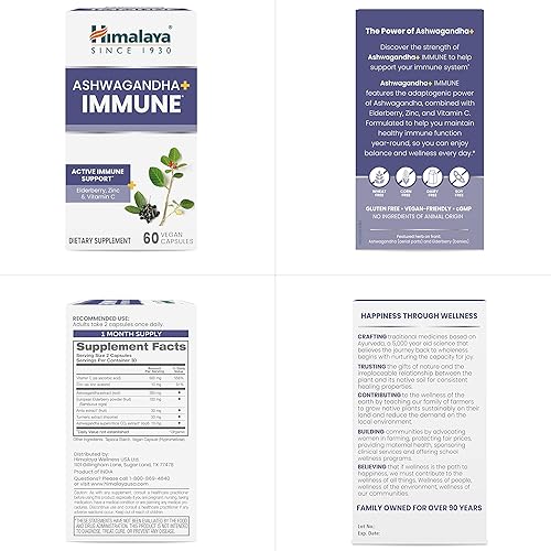 Miniatura 8 de Himalaya Ashwagandha+ Inmune con Ashwagandha, saúco, zinc y vitamina C para apoyo inmunológico activo, 60 cápsulas, suministro de 1 mes, vegano, sin