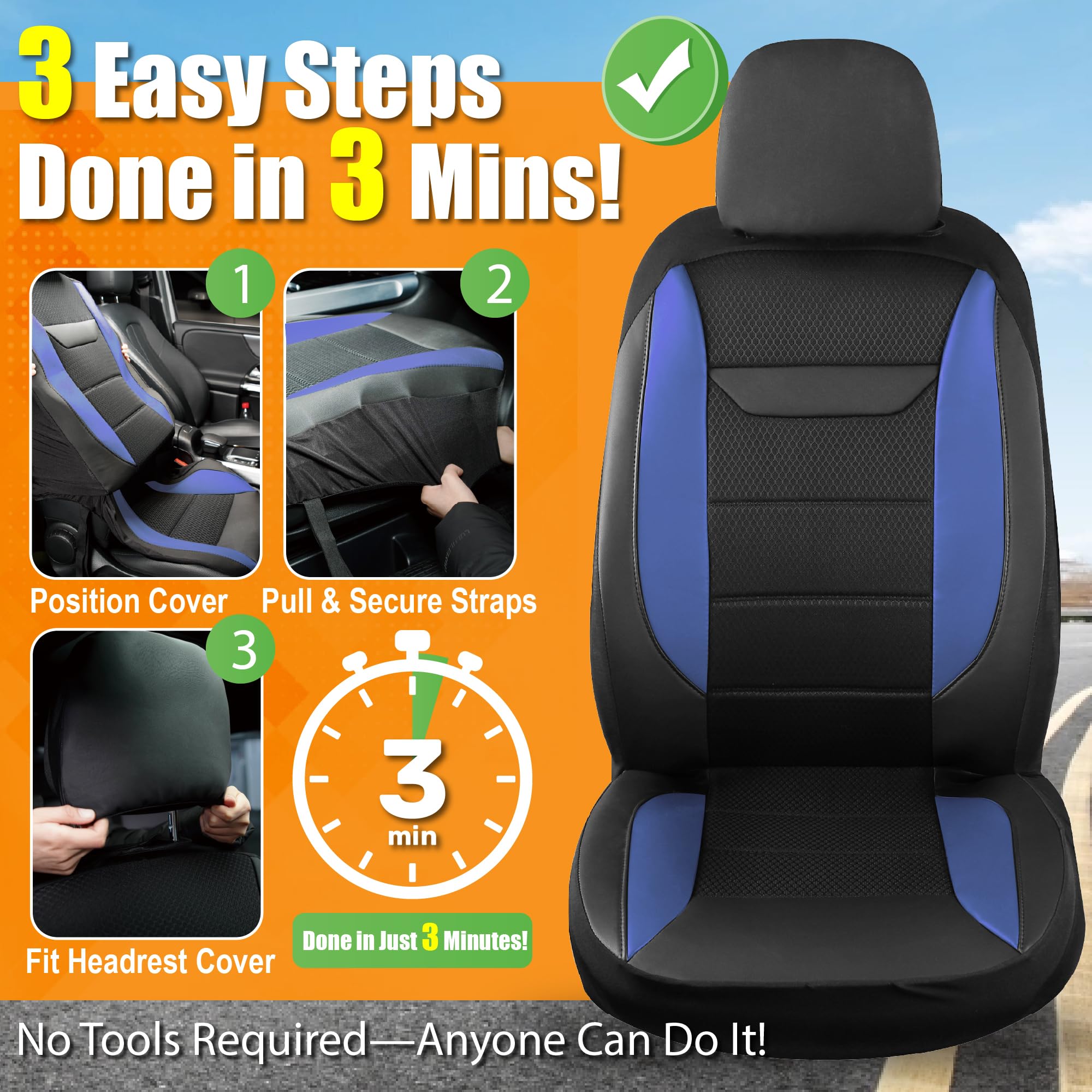 kingphenix 2er-Pack Vordersitzbezüge aus Memory-Schaumleder, Atmungsaktives 4D-Mesh, Airbag- kompatibel, Universelle Passform für Autos, LKWs, Transporter, SUV – Blau