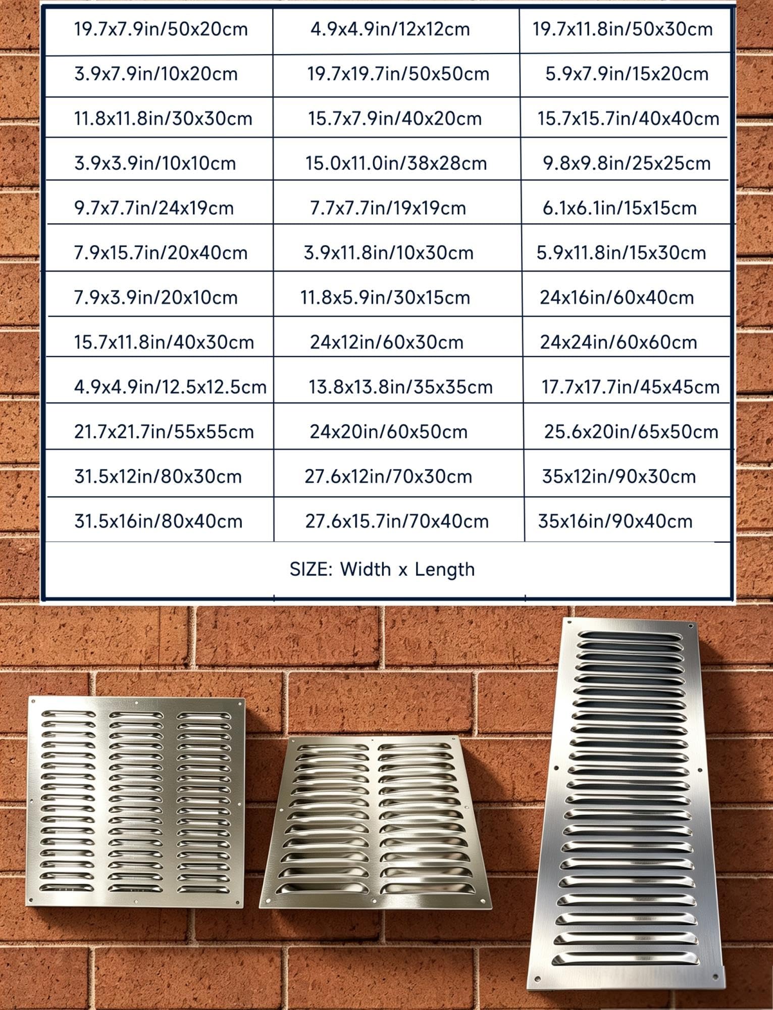 Rejilla de ventilación inox 304, pared y techo, 10-90cm
