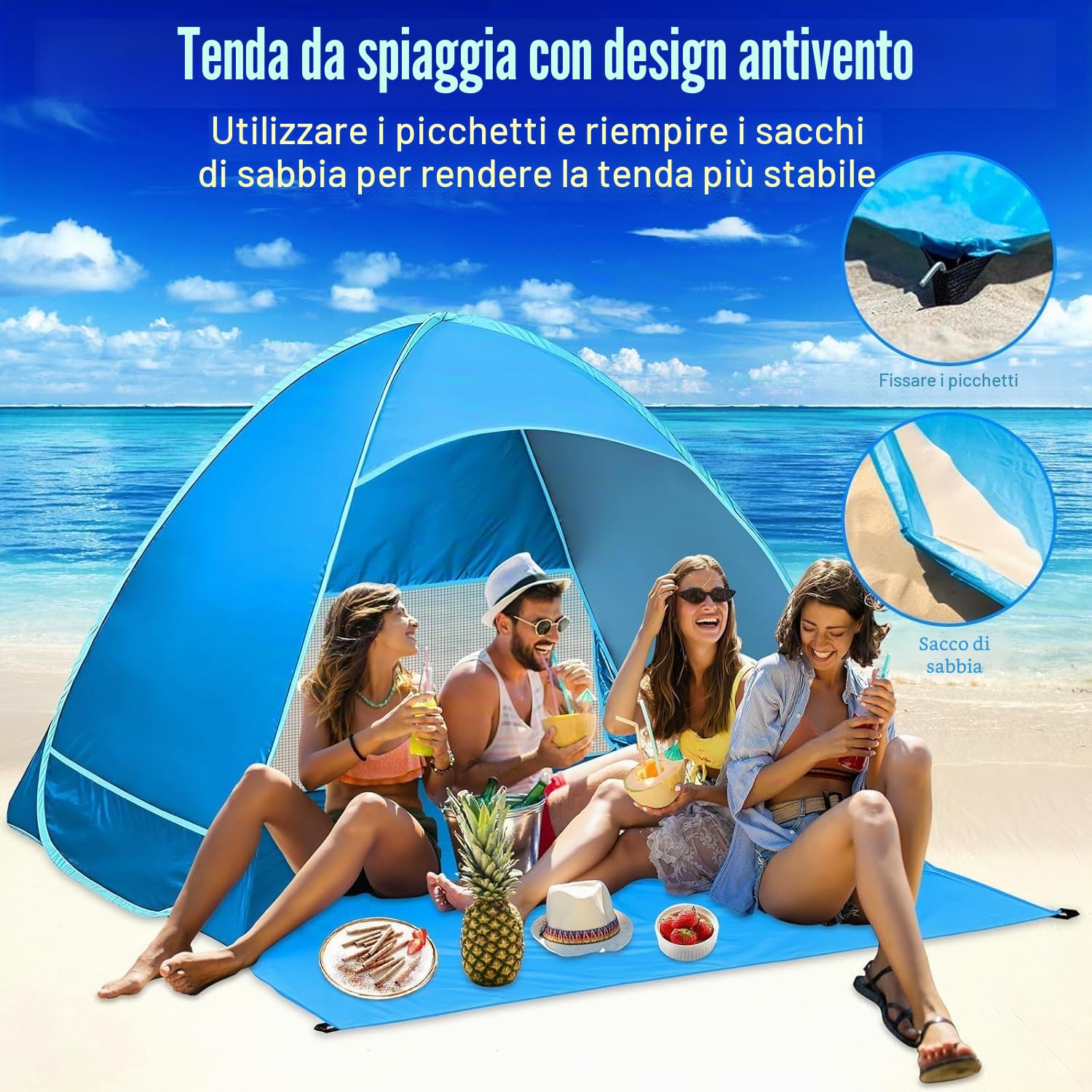 Tenda da Spiaggia Automontante istantanea - Protezione Solare UPF 50+ Dai Raggi UV - Include Custodia per il Trasporto e Picchetti